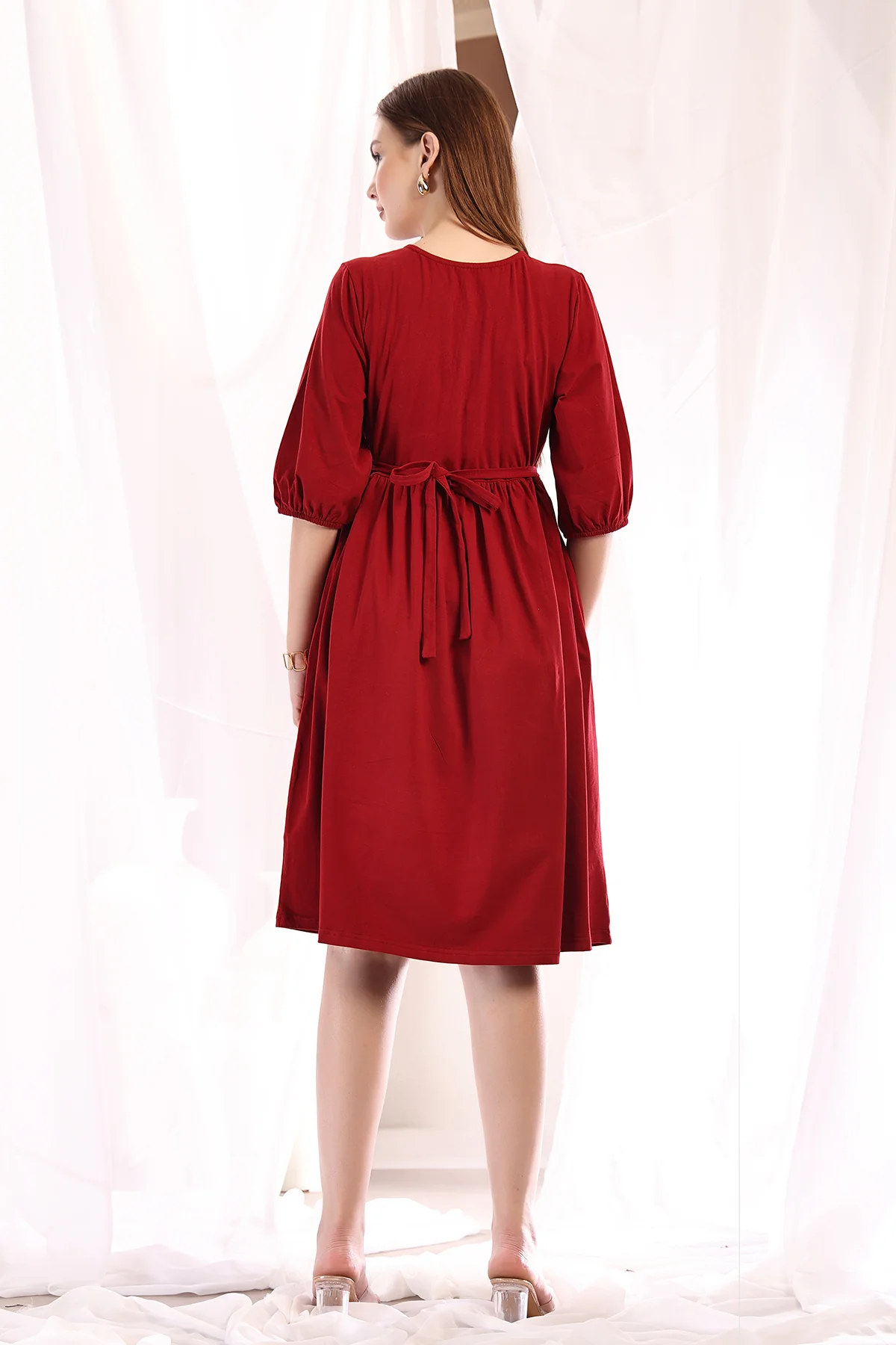 Maternity & Nursing Knee-Length Cotton Dress with Pocket - Deep Red - Image 3