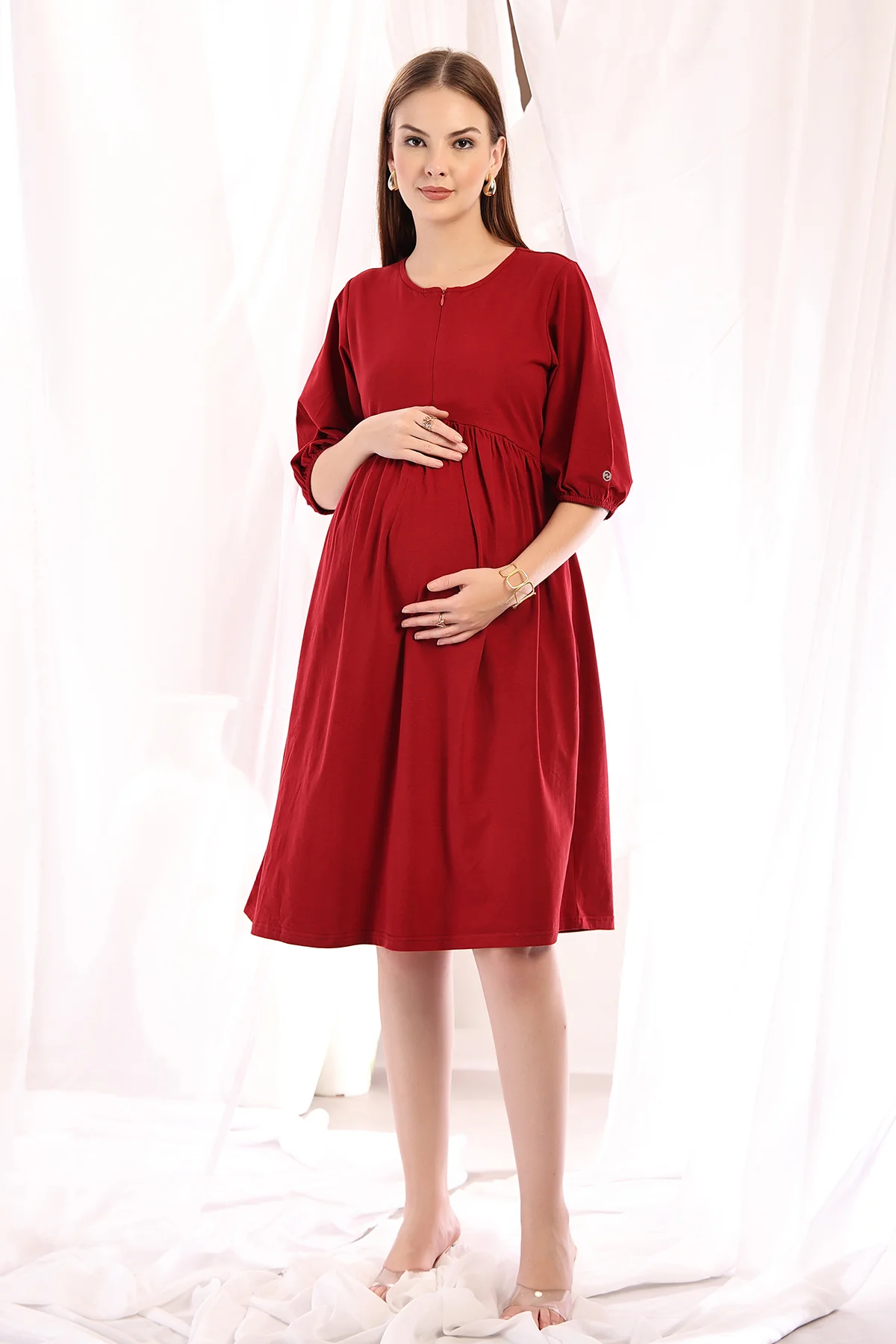 Maternity & Nursing Knee-Length Cotton Dress with Pocket - Deep Red - Image 4