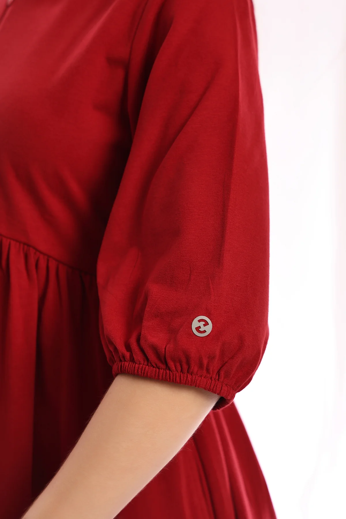 Maternity & Nursing Knee-Length Cotton Dress with Pocket - Deep Red - Image 5