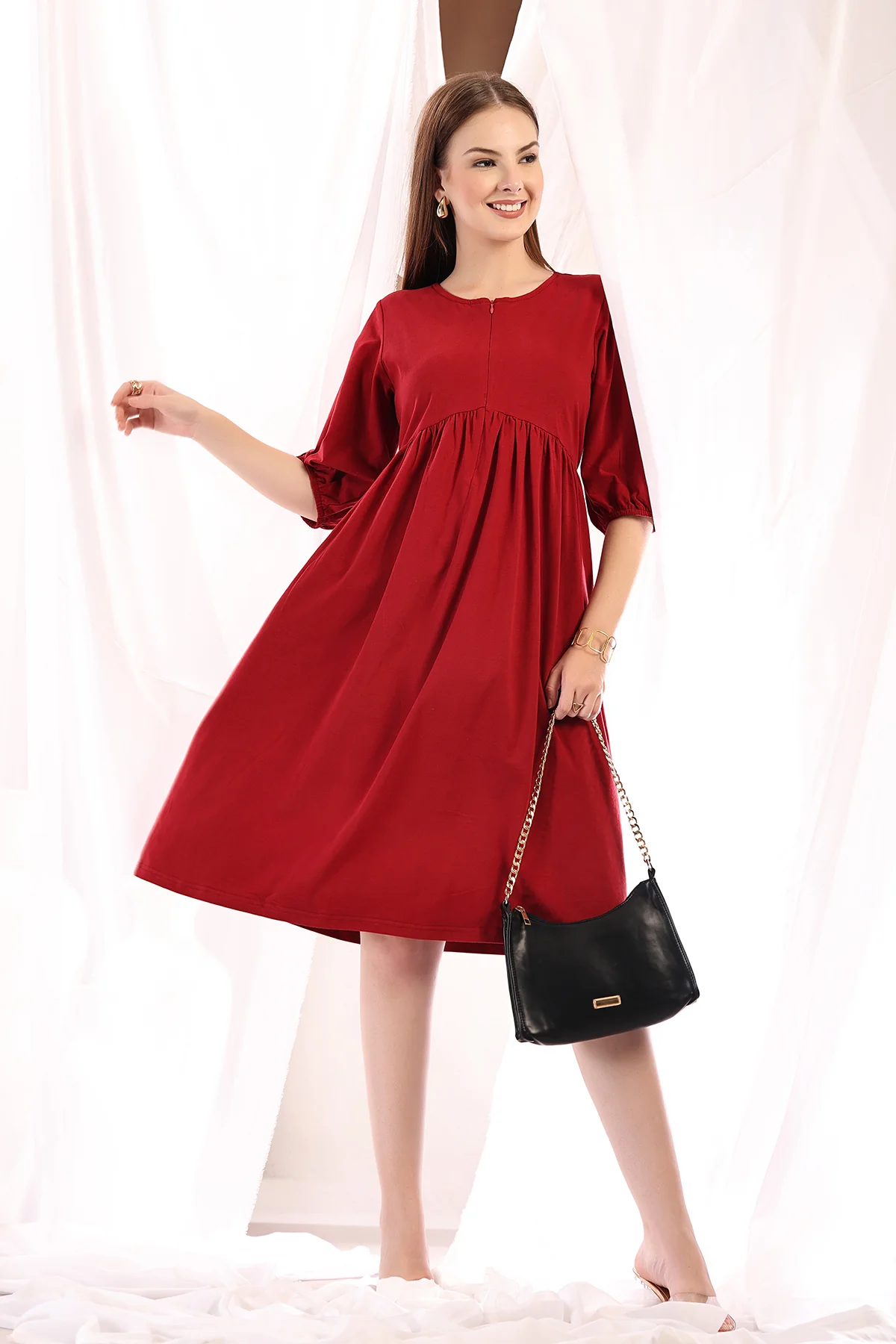 Maternity & Nursing Knee-Length Cotton Dress with Pocket - Deep Red - Image 6