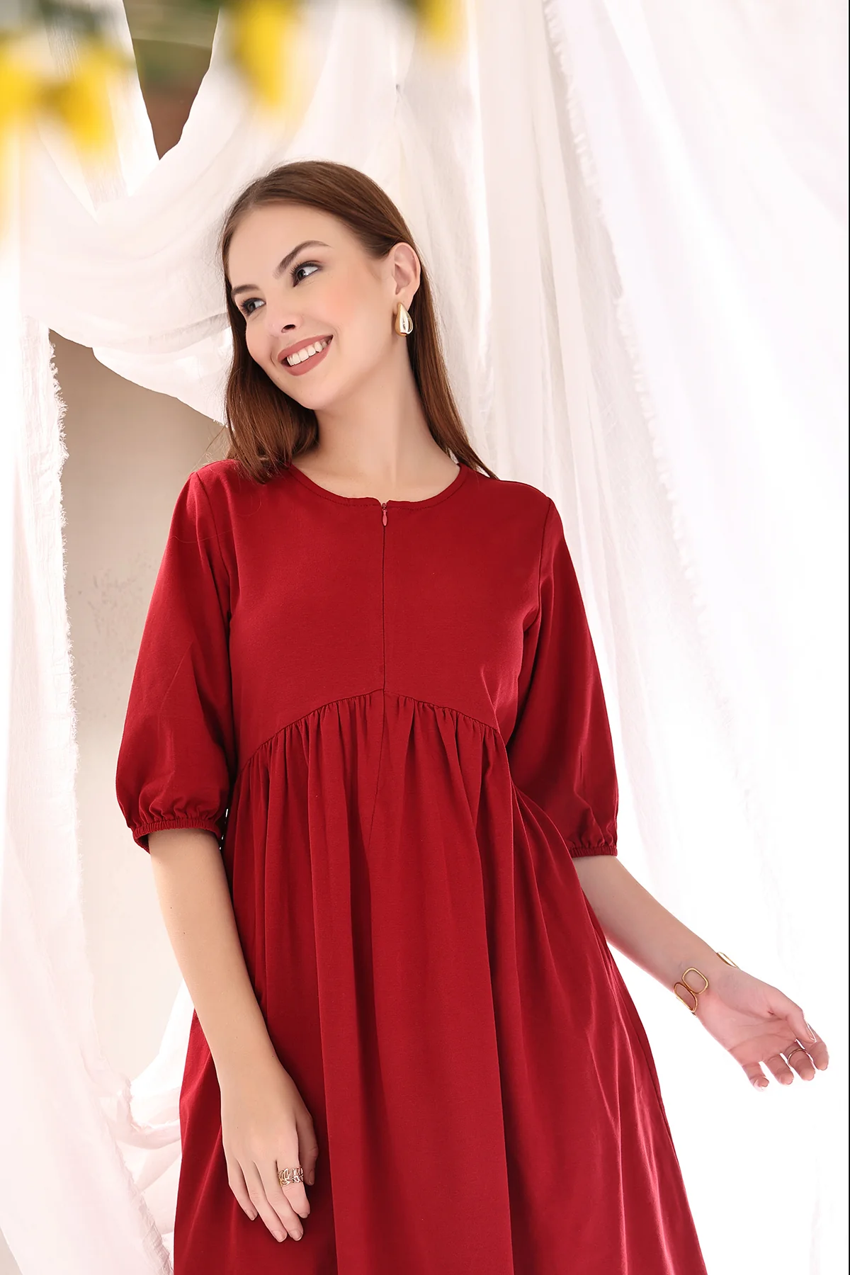 Maternity & Nursing Knee-Length Cotton Dress with Pocket - Deep Red - Image 7