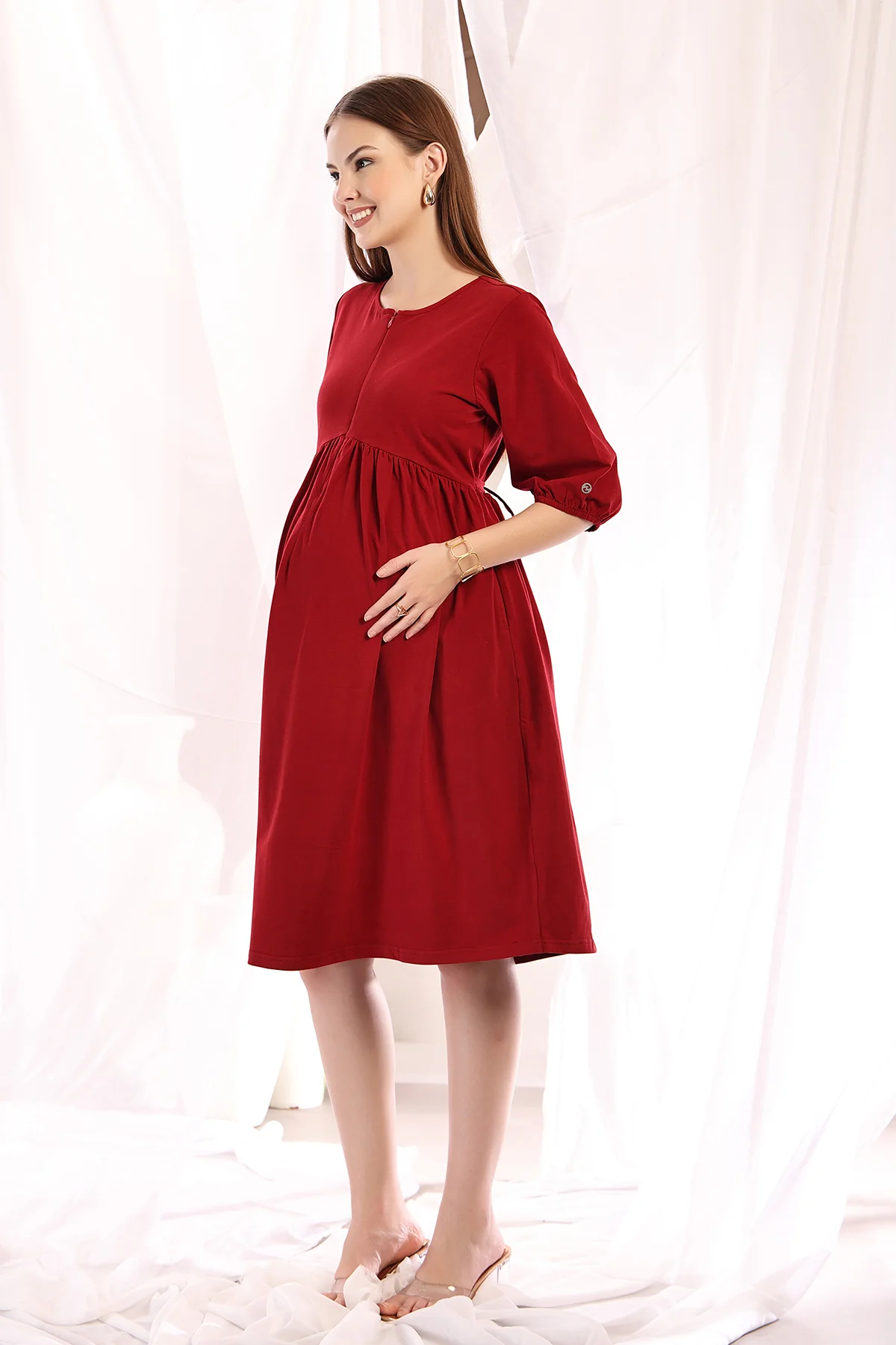 Maternity & Nursing Knee-Length Cotton Dress with Pocket - Deep Red - Image 8