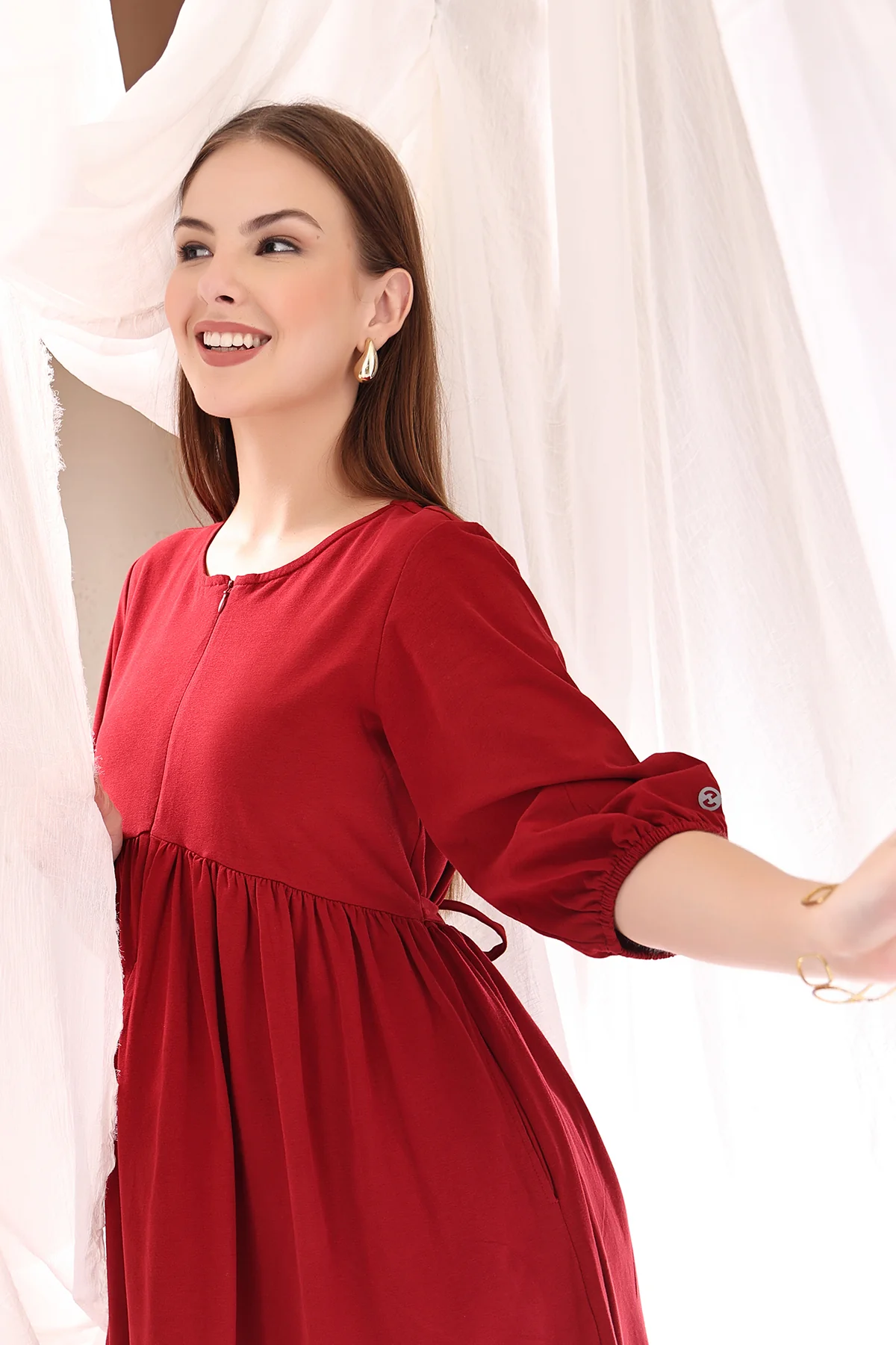 Maternity & Nursing Knee-Length Cotton Dress with Pocket - Deep Red - Image 9