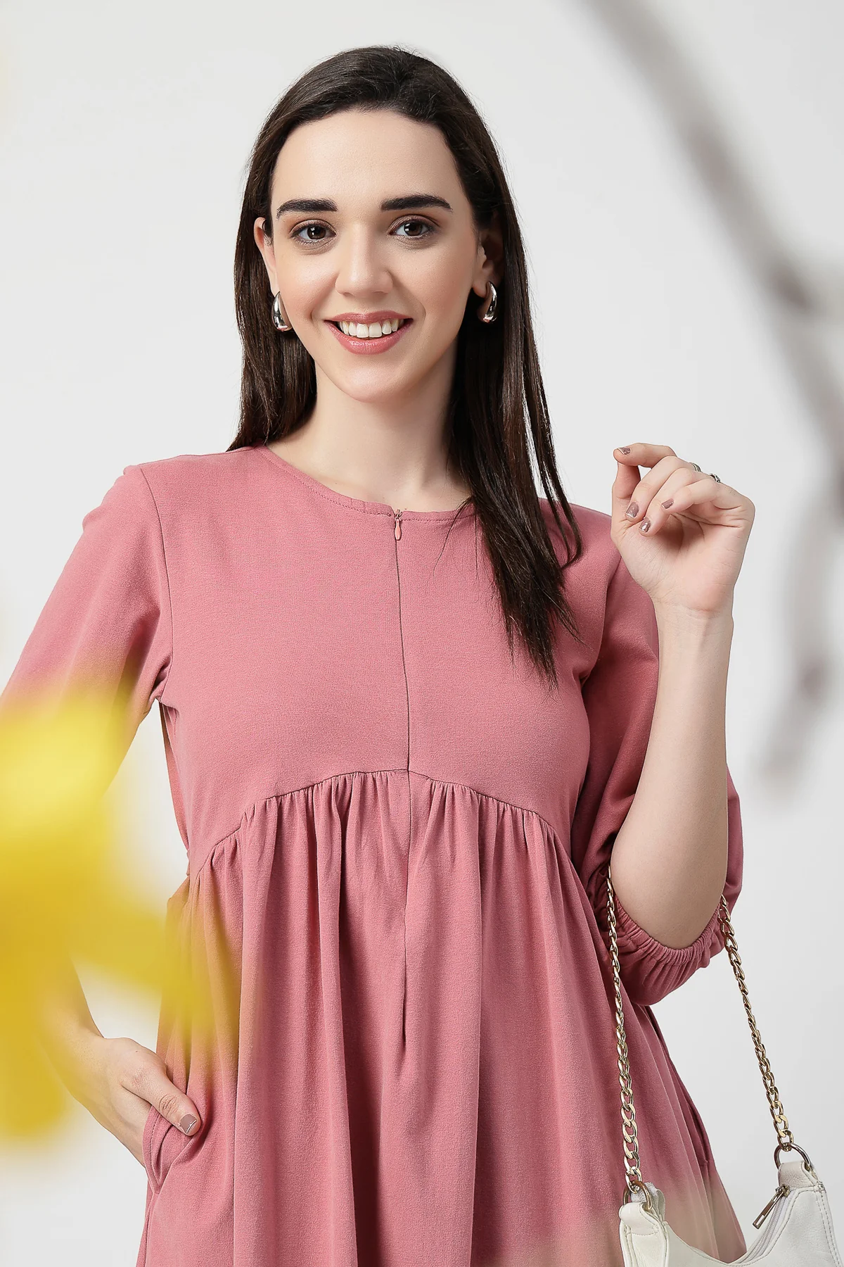 Maternity & Nursing Knee-Length Cotton Dress with Pocket - Deep Salmon - Image 10