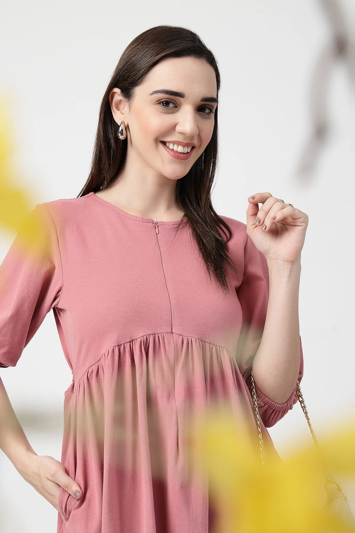 Maternity & Nursing Knee-Length Cotton Dress with Pocket - Deep Salmon - Image 11