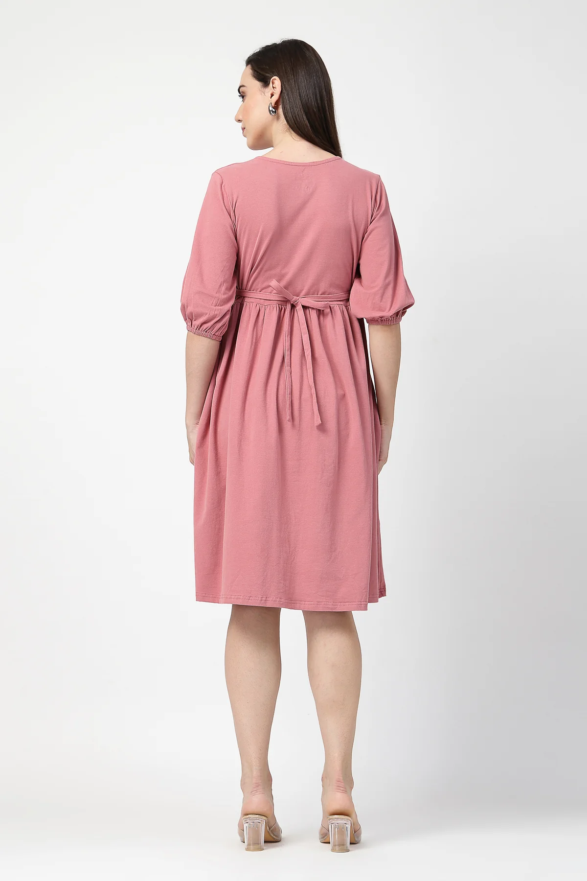 Maternity & Nursing Knee-Length Cotton Dress with Pocket - Deep Salmon - Image 3