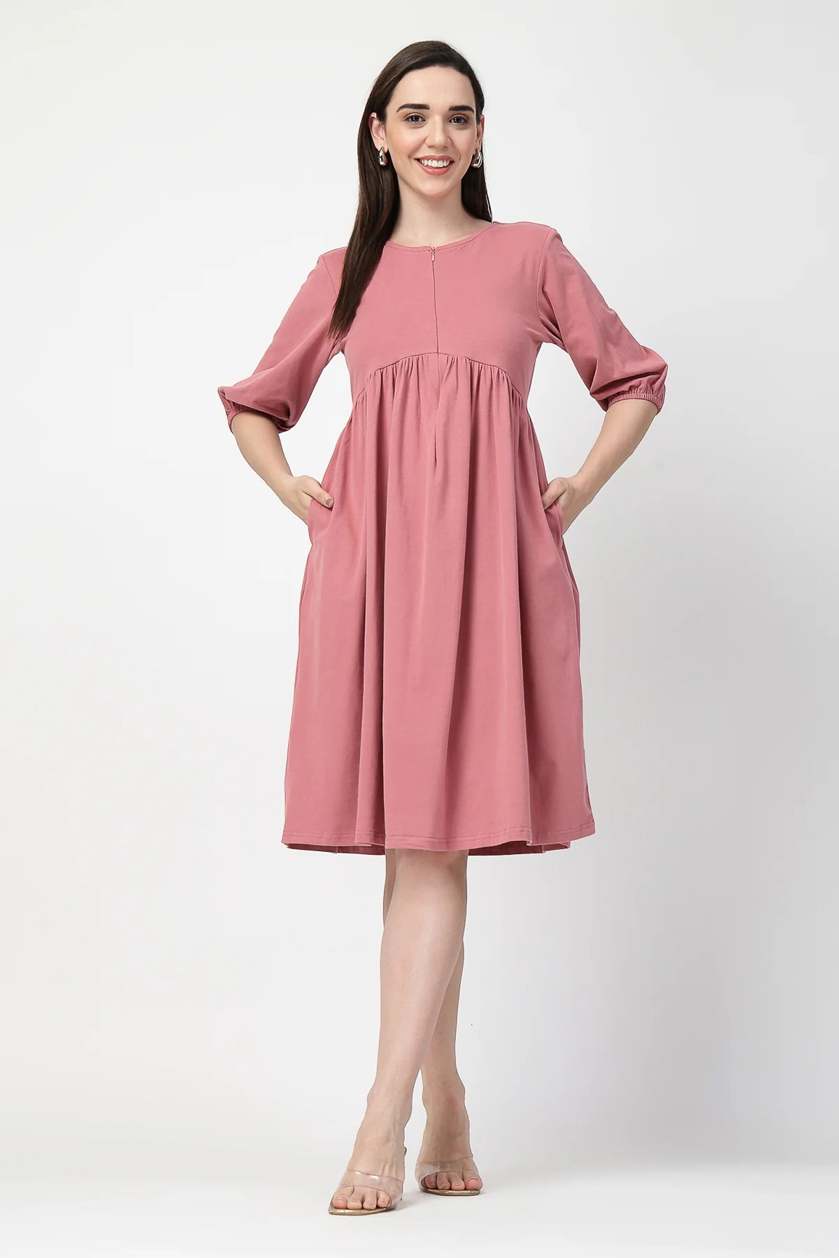Maternity & Nursing Knee-Length Cotton Dress with Pocket - Deep Salmon - Image 4