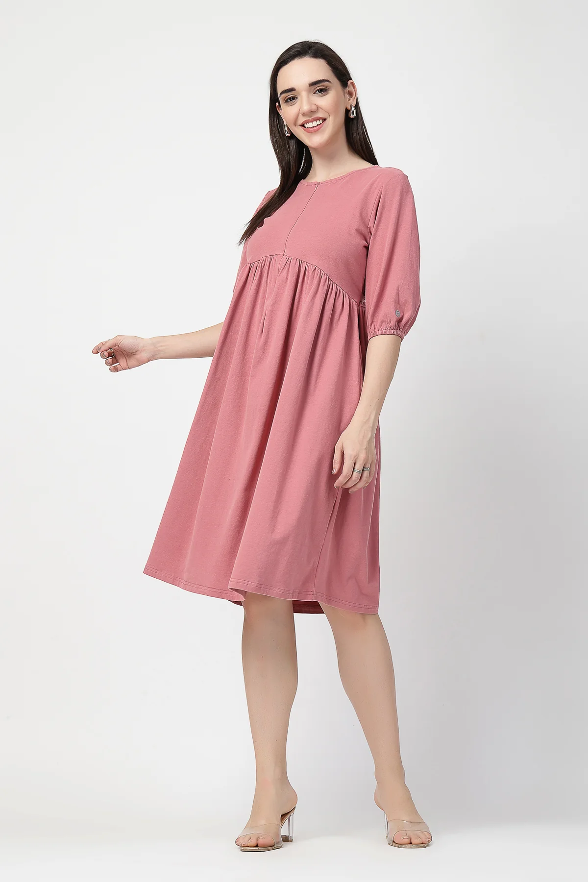 Maternity & Nursing Knee-Length Cotton Dress with Pocket - Deep Salmon - Image 6