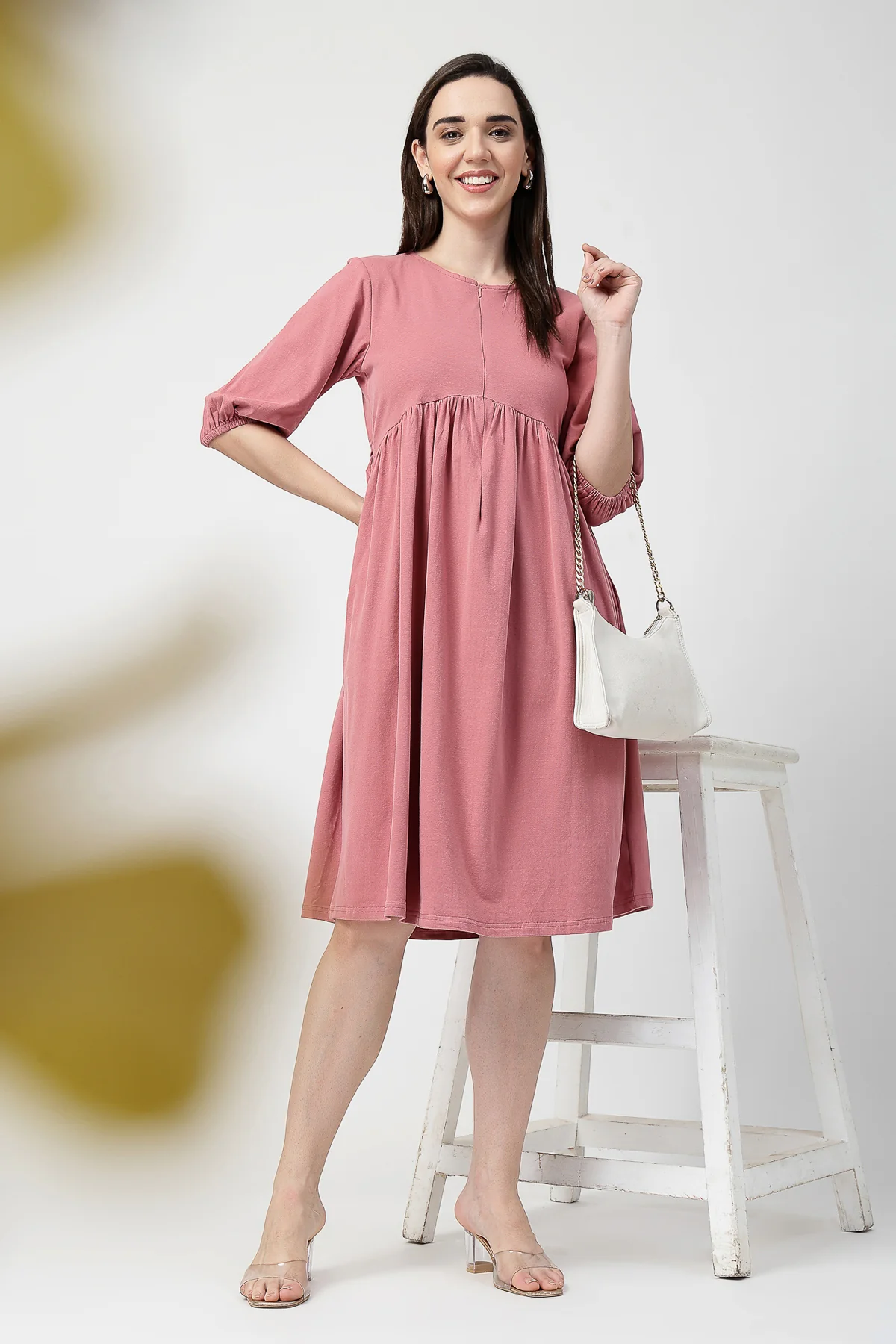 Maternity & Nursing Knee-Length Cotton Dress with Pocket - Deep Salmon - Image 7