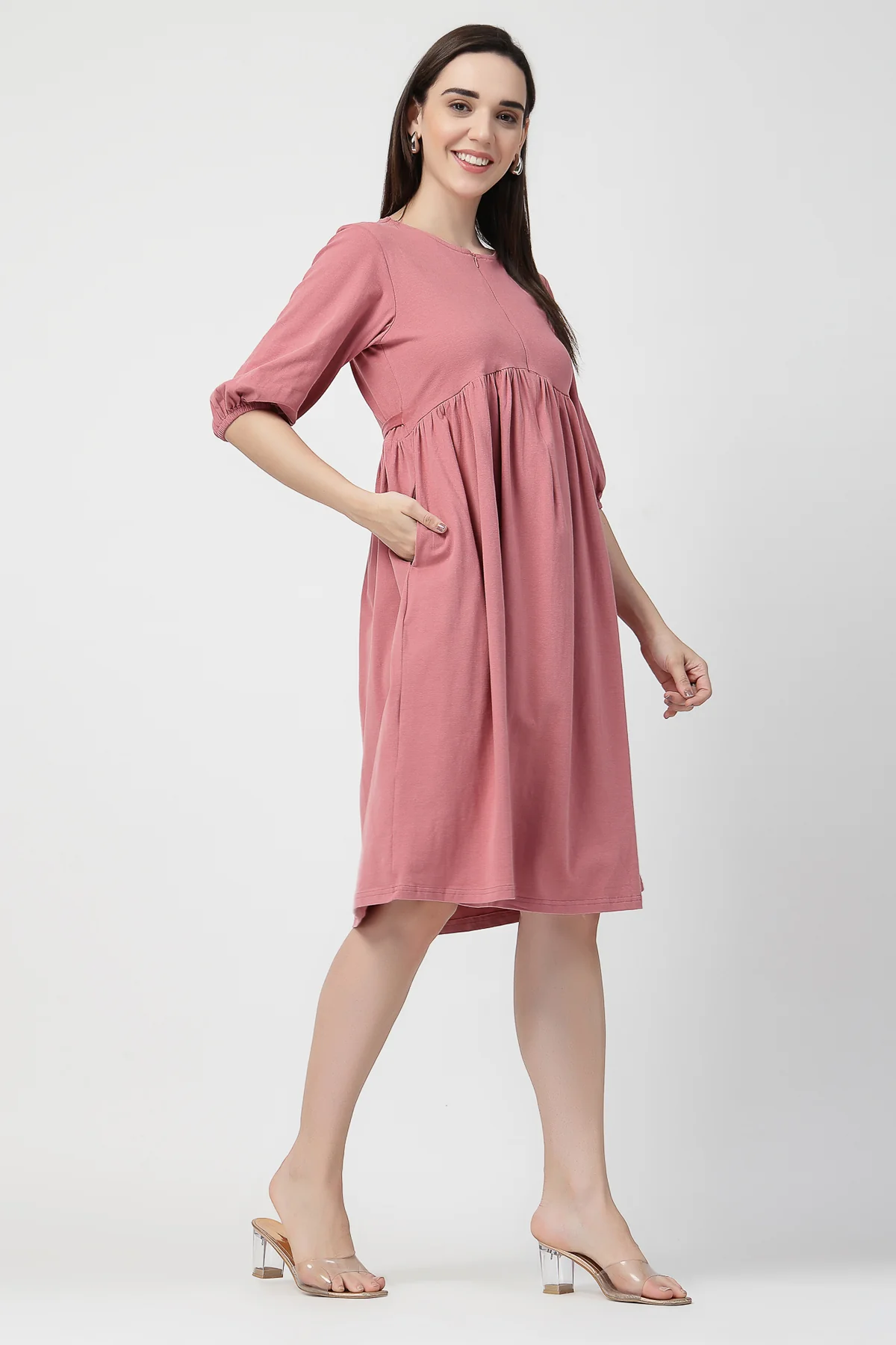 Maternity & Nursing Knee-Length Cotton Dress with Pocket - Deep Salmon - Image 8