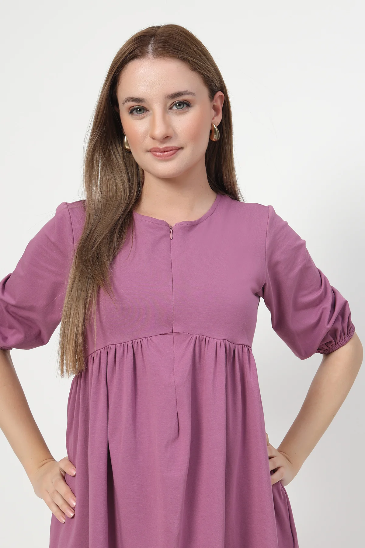 Maternity & Nursing Knee-Length Cotton Dress with Pocket - Onion - Image 10