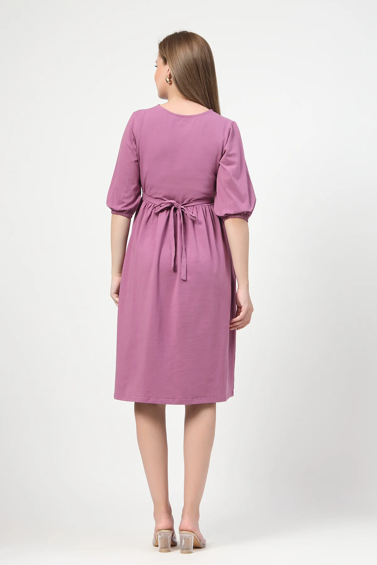 Maternity & Nursing Knee-Length Cotton Dress with Pocket - Onion - Image 3