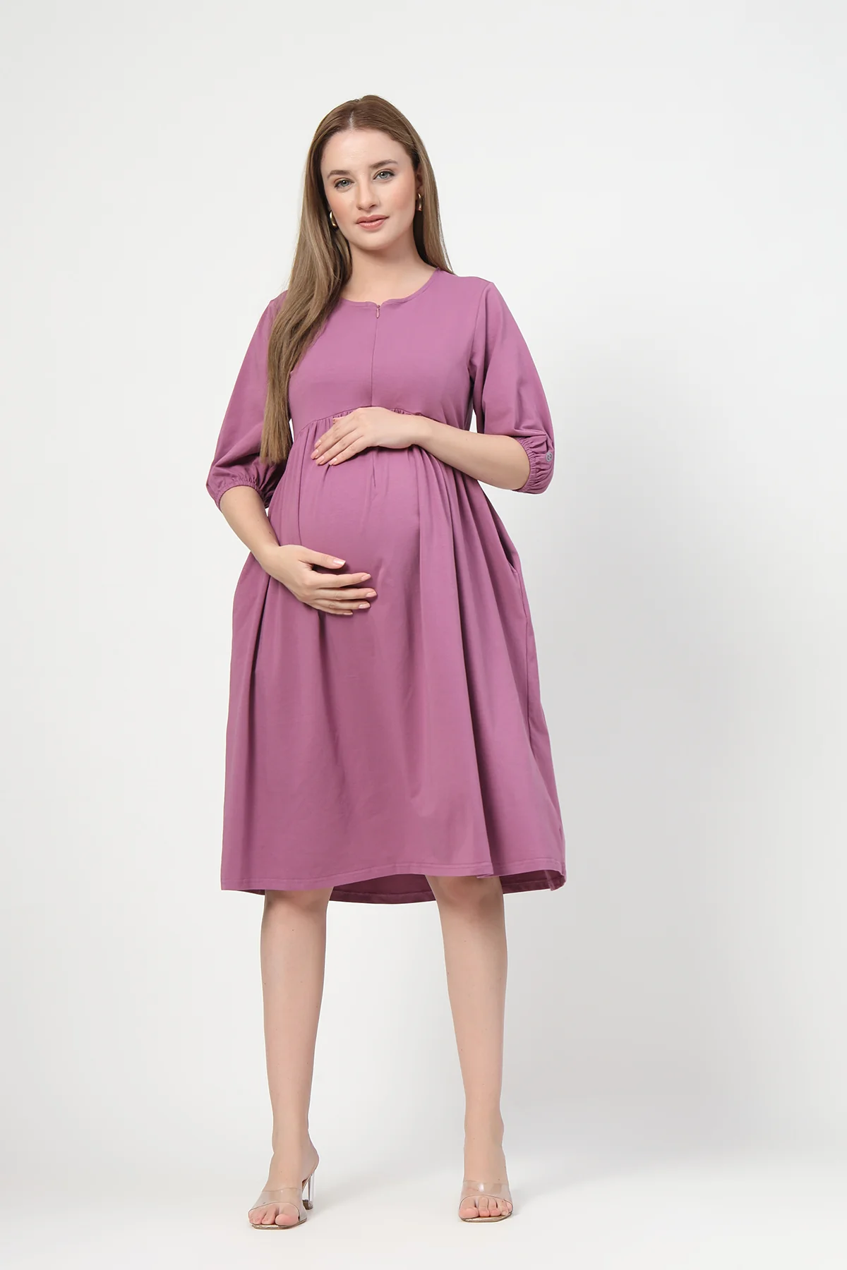 Maternity & Nursing Knee-Length Cotton Dress with Pocket - Onion - Image 4