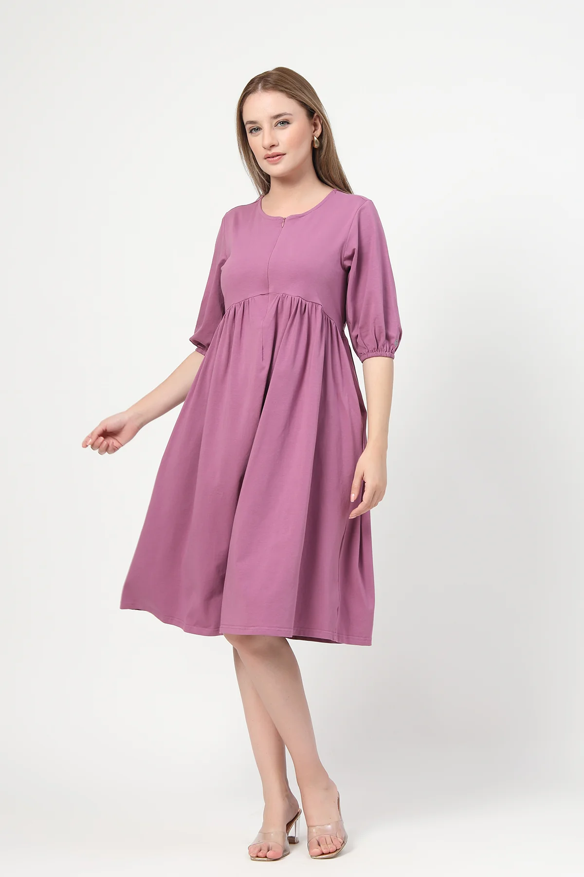 Maternity & Nursing Knee-Length Cotton Dress with Pocket - Onion - Image 5