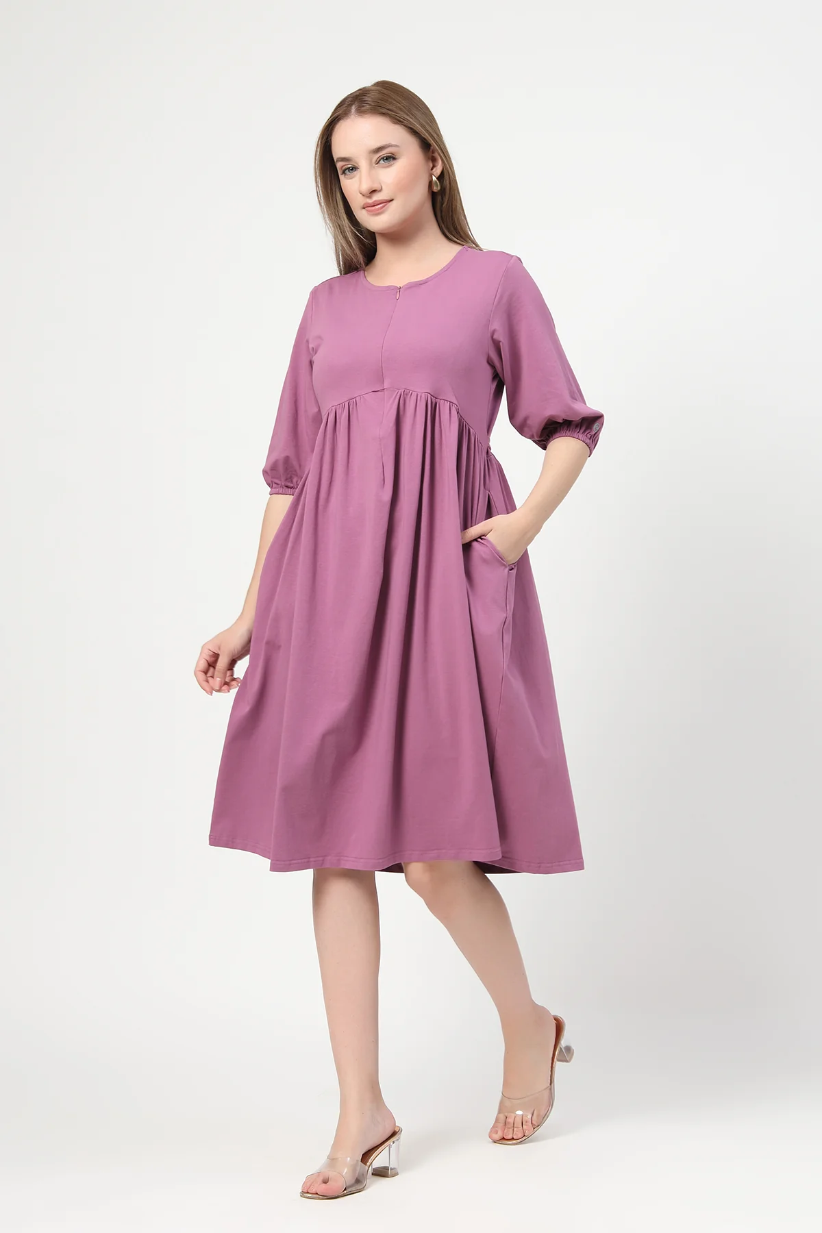 Maternity & Nursing Knee-Length Cotton Dress with Pocket - Onion - Image 6