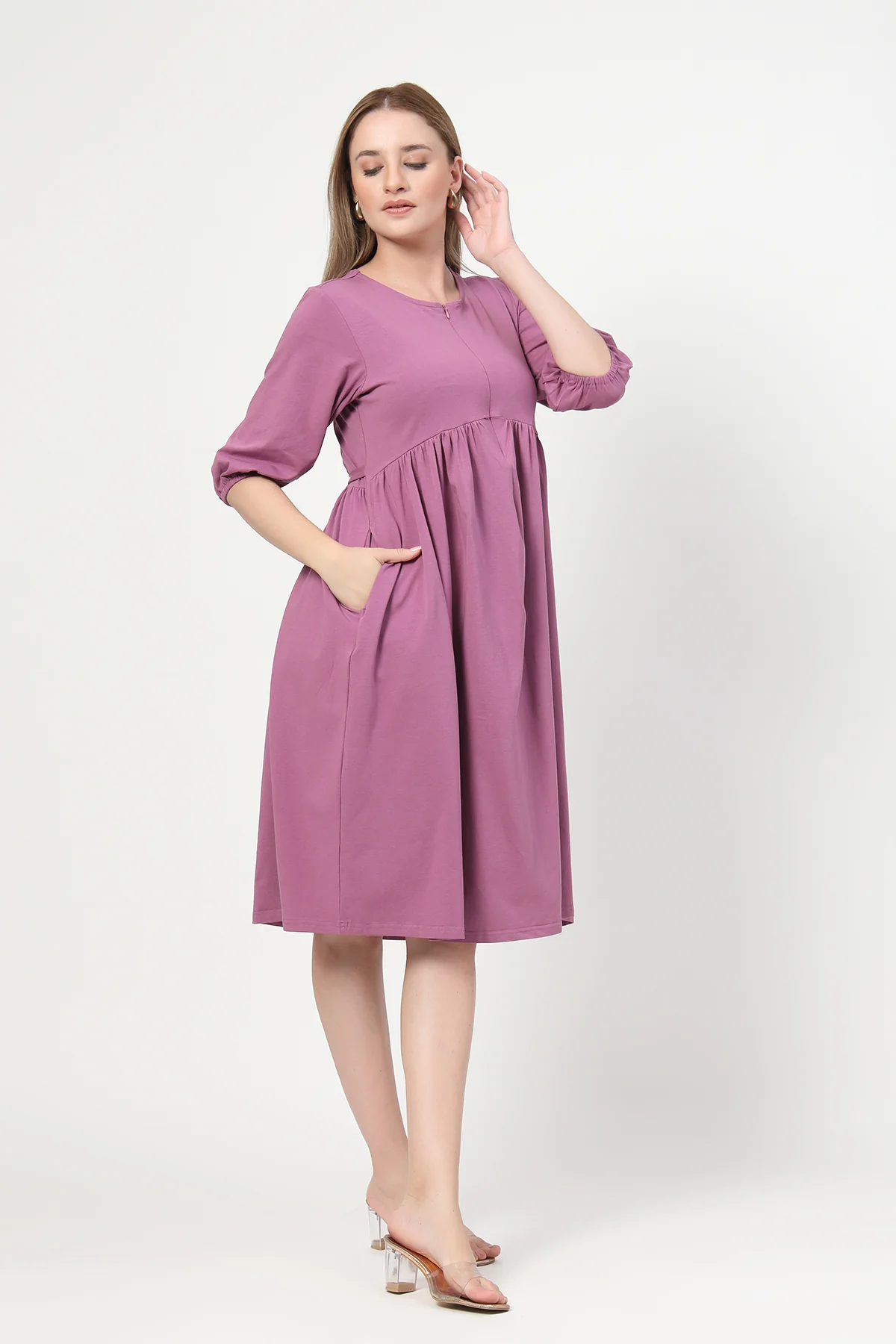 Maternity & Nursing Knee-Length Cotton Dress with Pocket - Onion - Image 7