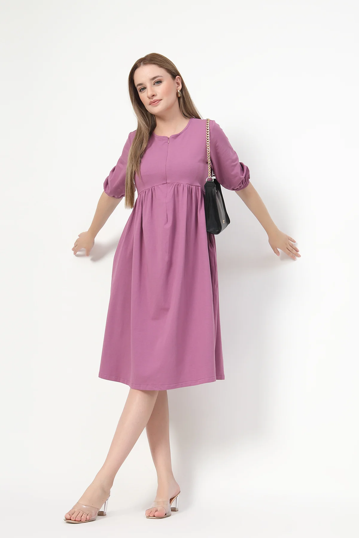 Maternity & Nursing Knee-Length Cotton Dress with Pocket - Onion - Image 9