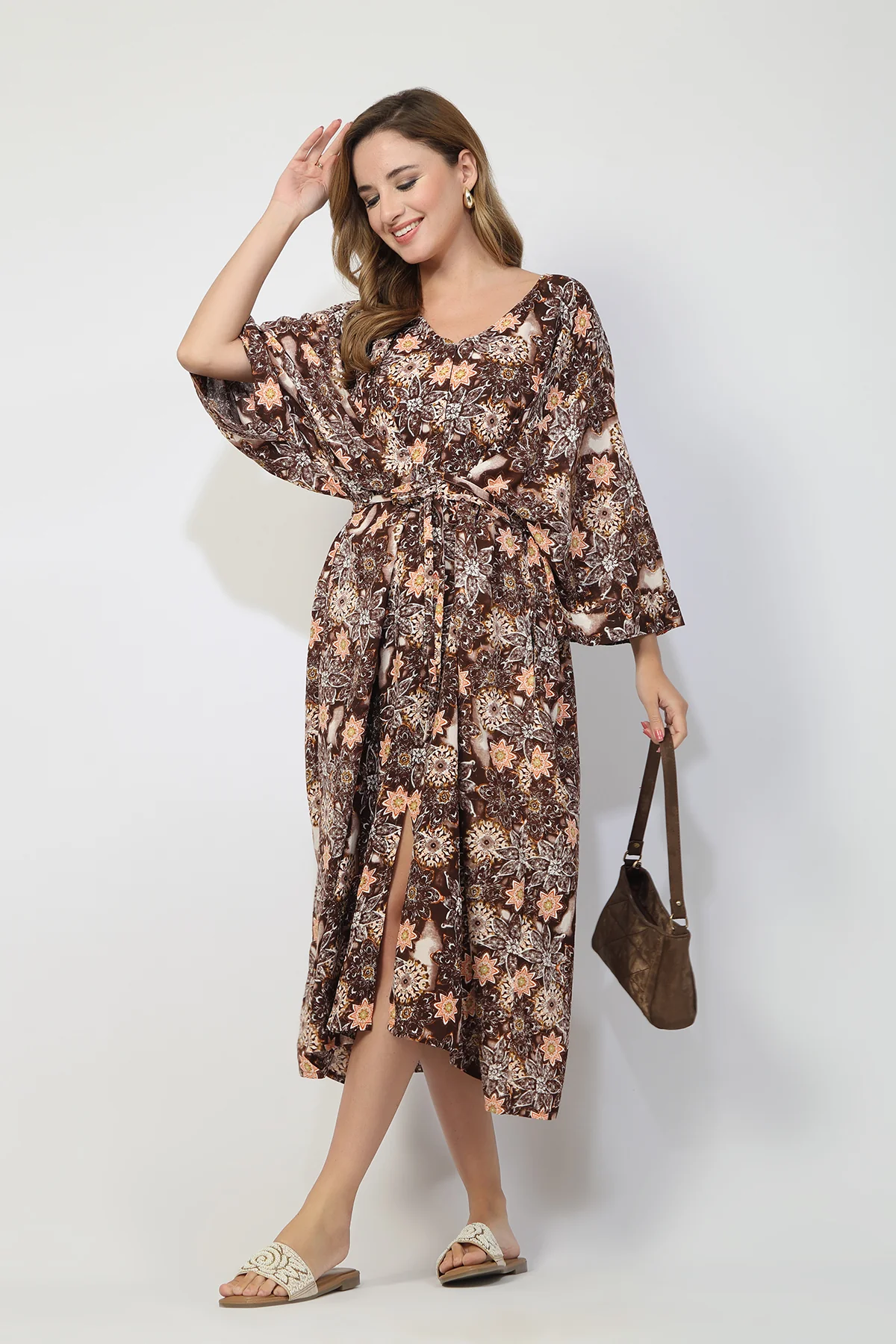 Maternity Concealed Zip Feeding Kaftan - Brown - Image 14