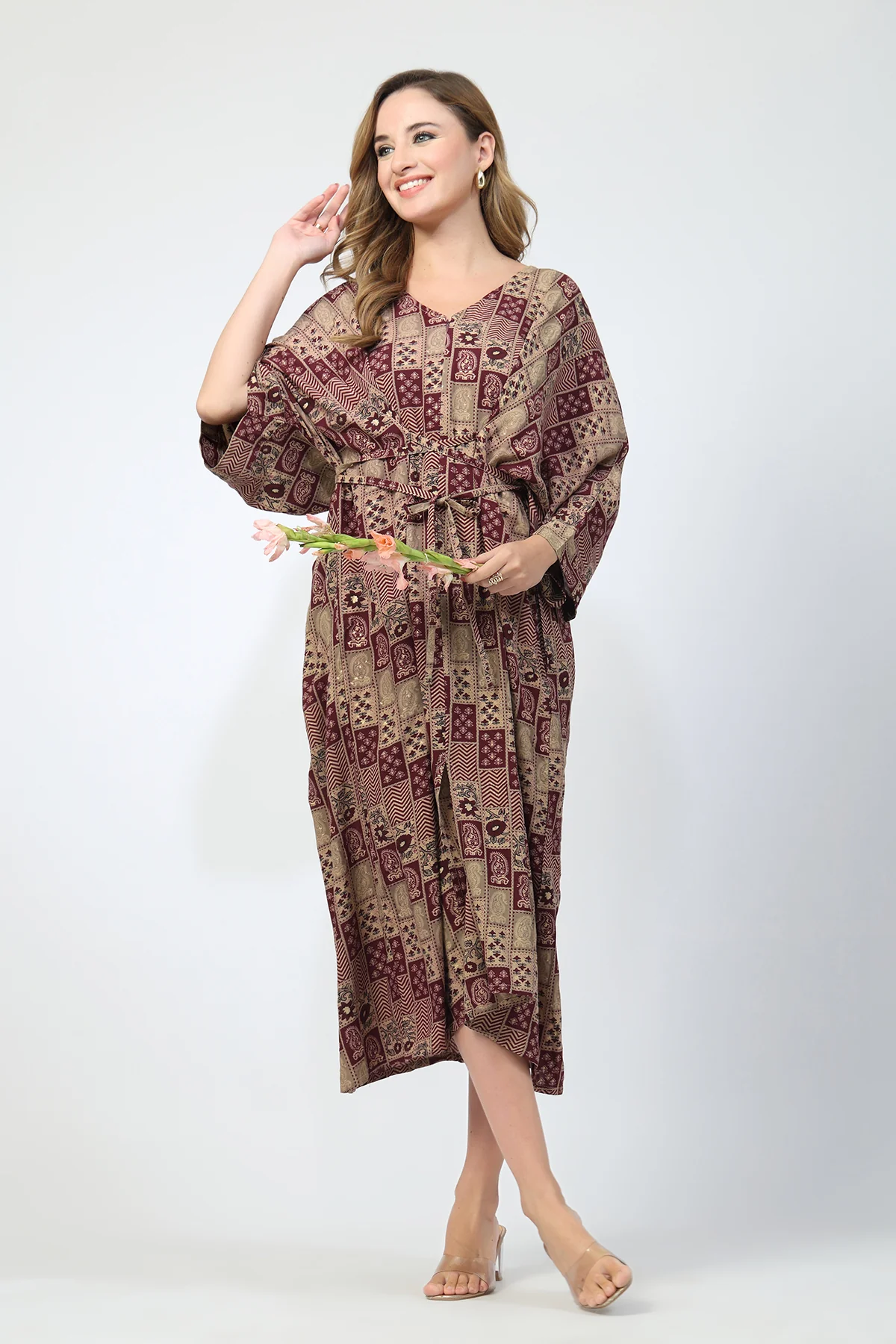 Maternity Concealed Zip Feeding Kaftan - Maroon - Image 11