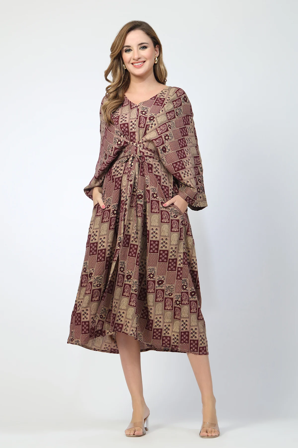 Maternity Concealed Zip Feeding Kaftan - Maroon - Image 4