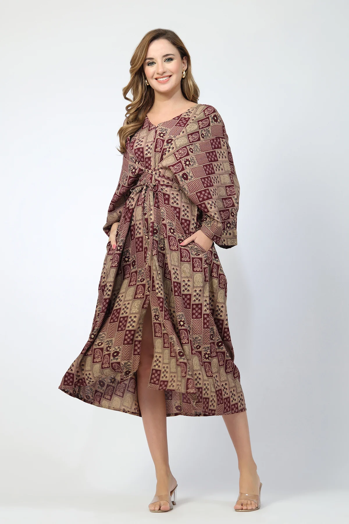 Maternity Concealed Zip Feeding Kaftan - Maroon - Image 5