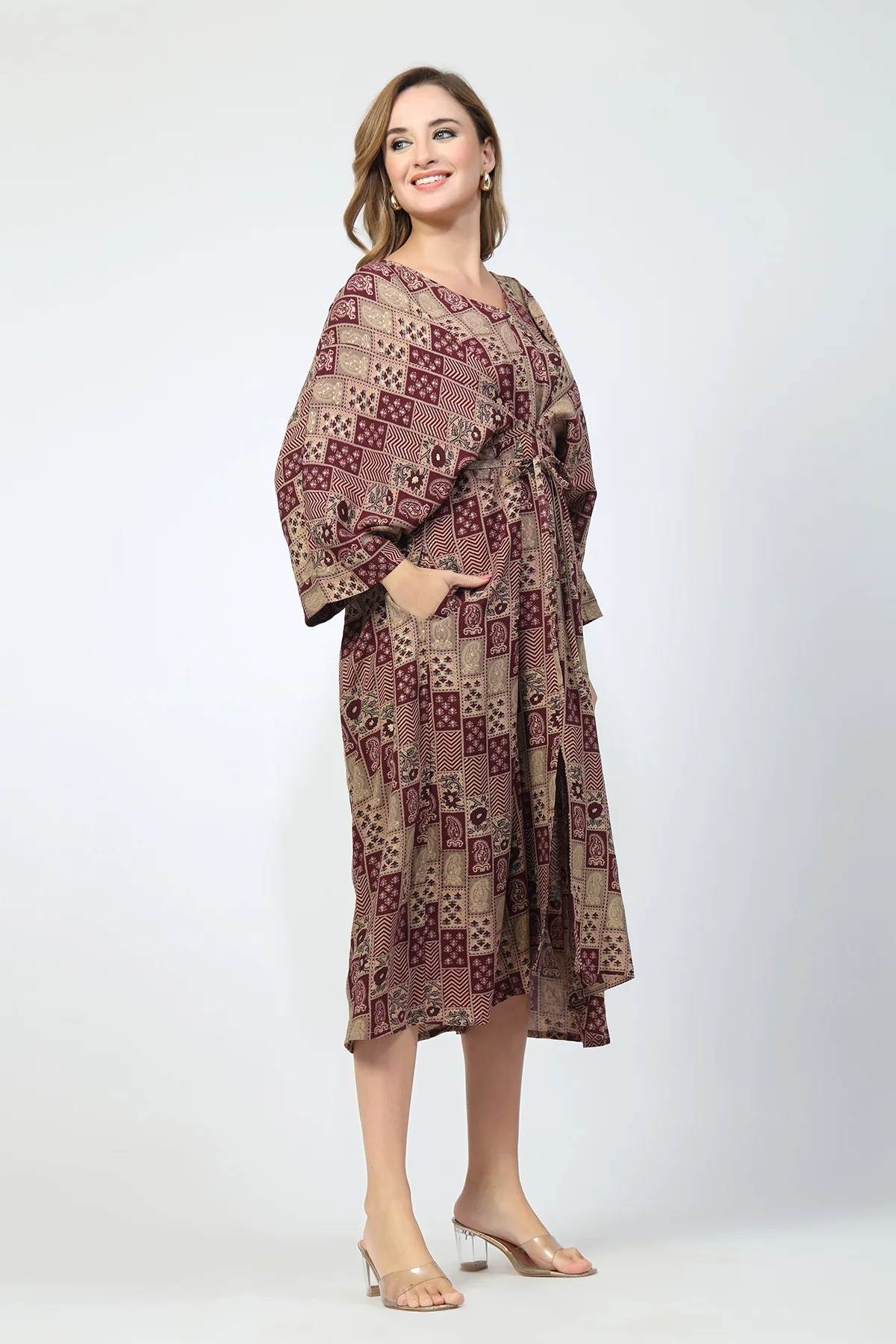 Maternity Concealed Zip Feeding Kaftan - Maroon - Image 6