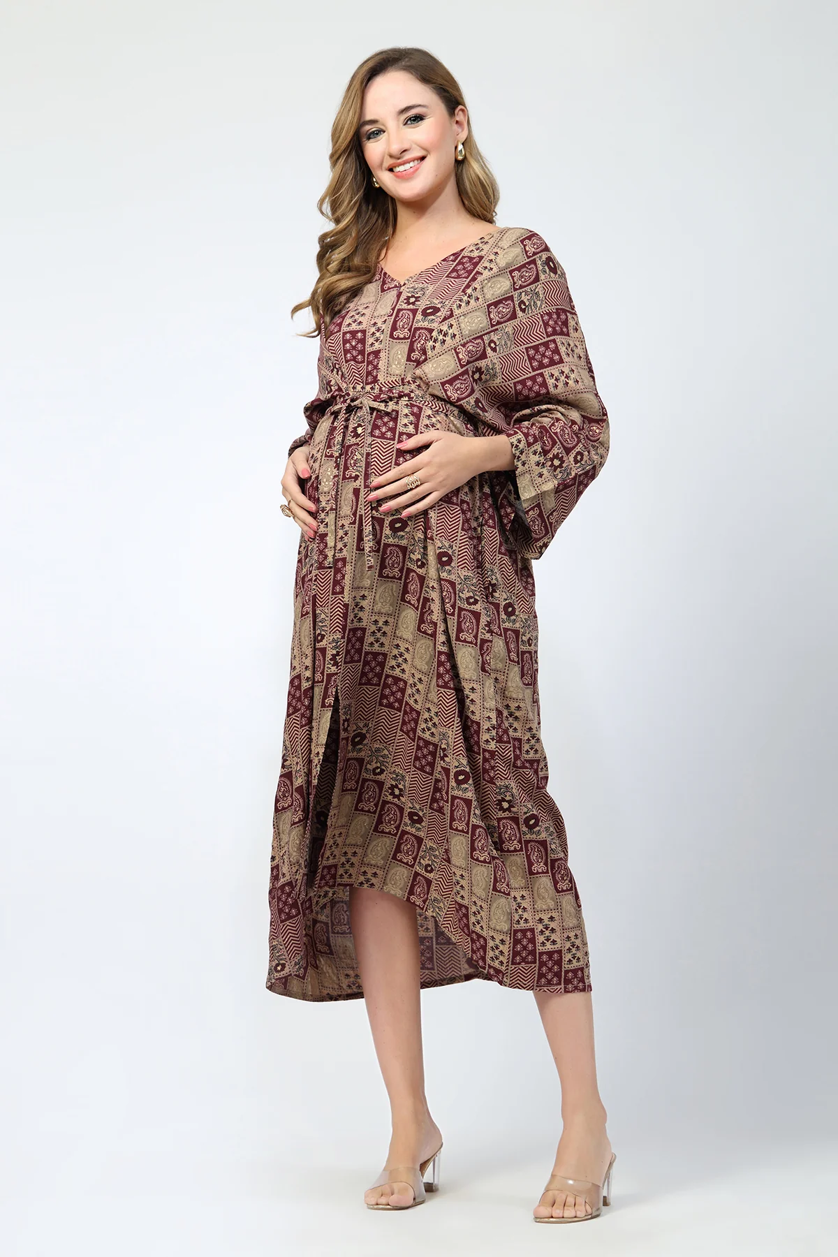 Maternity Concealed Zip Feeding Kaftan - Maroon - Image 7