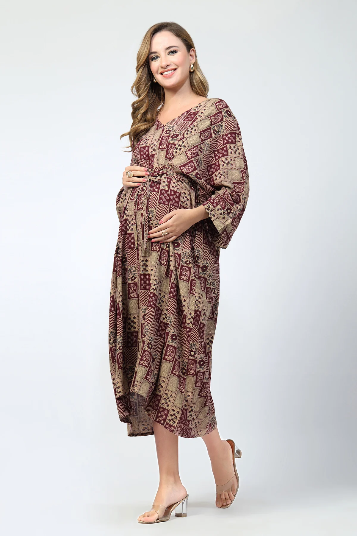 Maternity Concealed Zip Feeding Kaftan - Maroon - Image 9