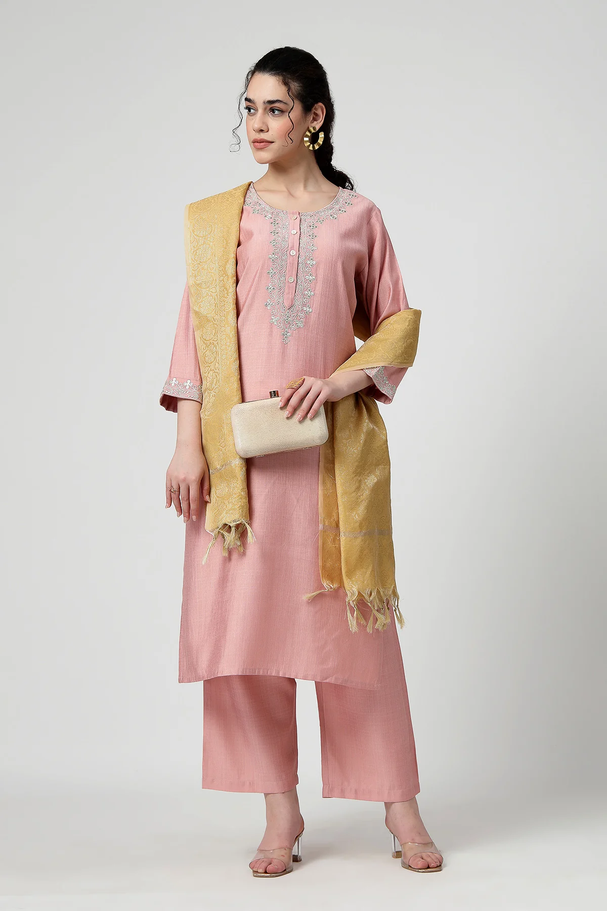 Maternity Zipless Feeding Suit Set with Dupatta - Peach - Image 12