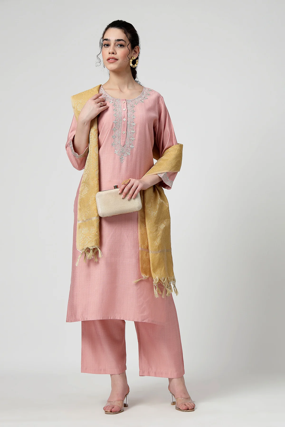 Maternity Zipless Feeding Suit Set with Dupatta - Peach - Image 13