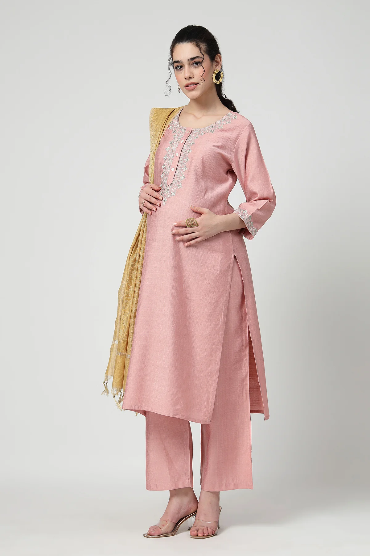 Maternity Zipless Feeding Suit Set with Dupatta - Peach - Image 15
