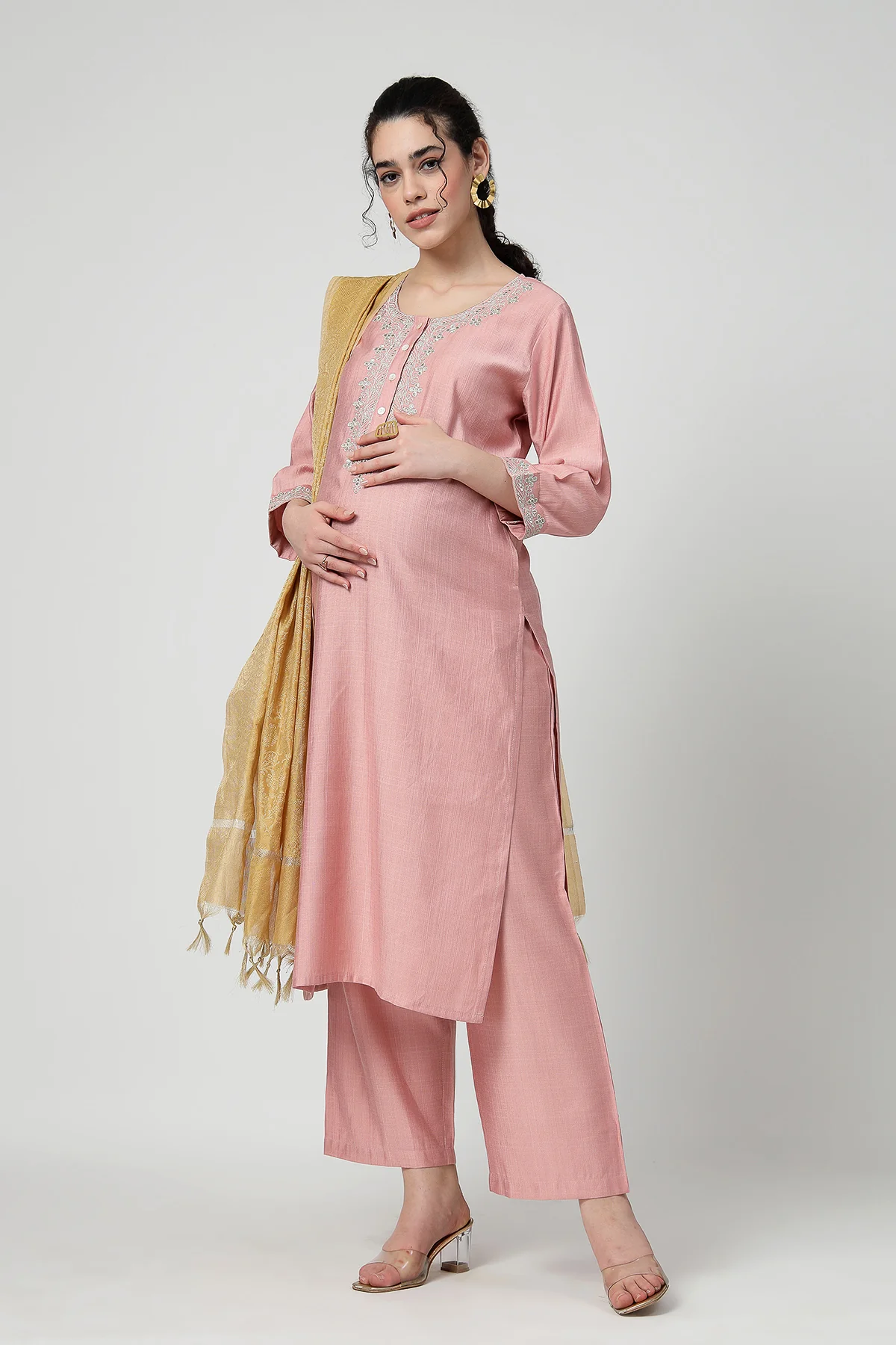 Maternity Zipless Feeding Suit Set with Dupatta - Peach - Image 4