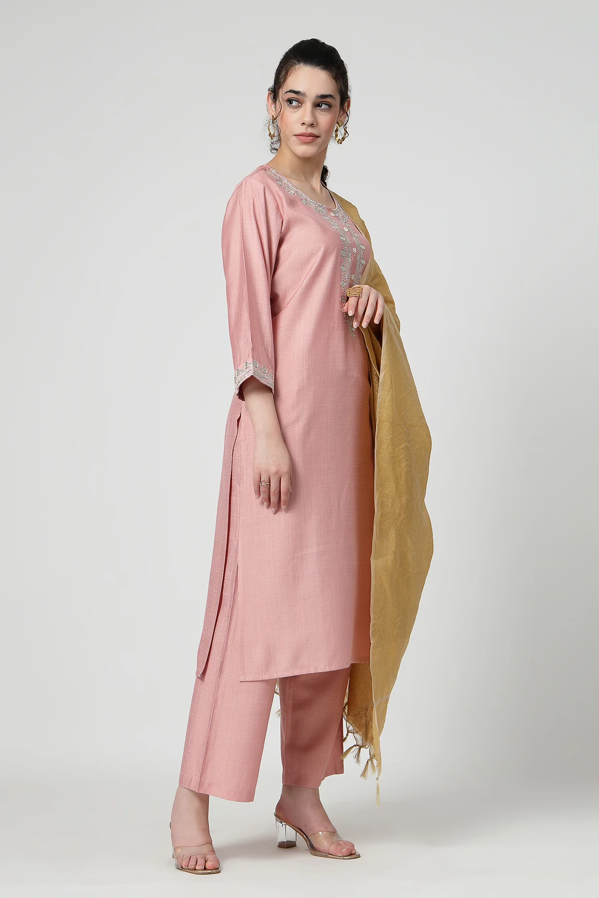 Maternity Zipless Feeding Suit Set with Dupatta - Peach - Image 9
