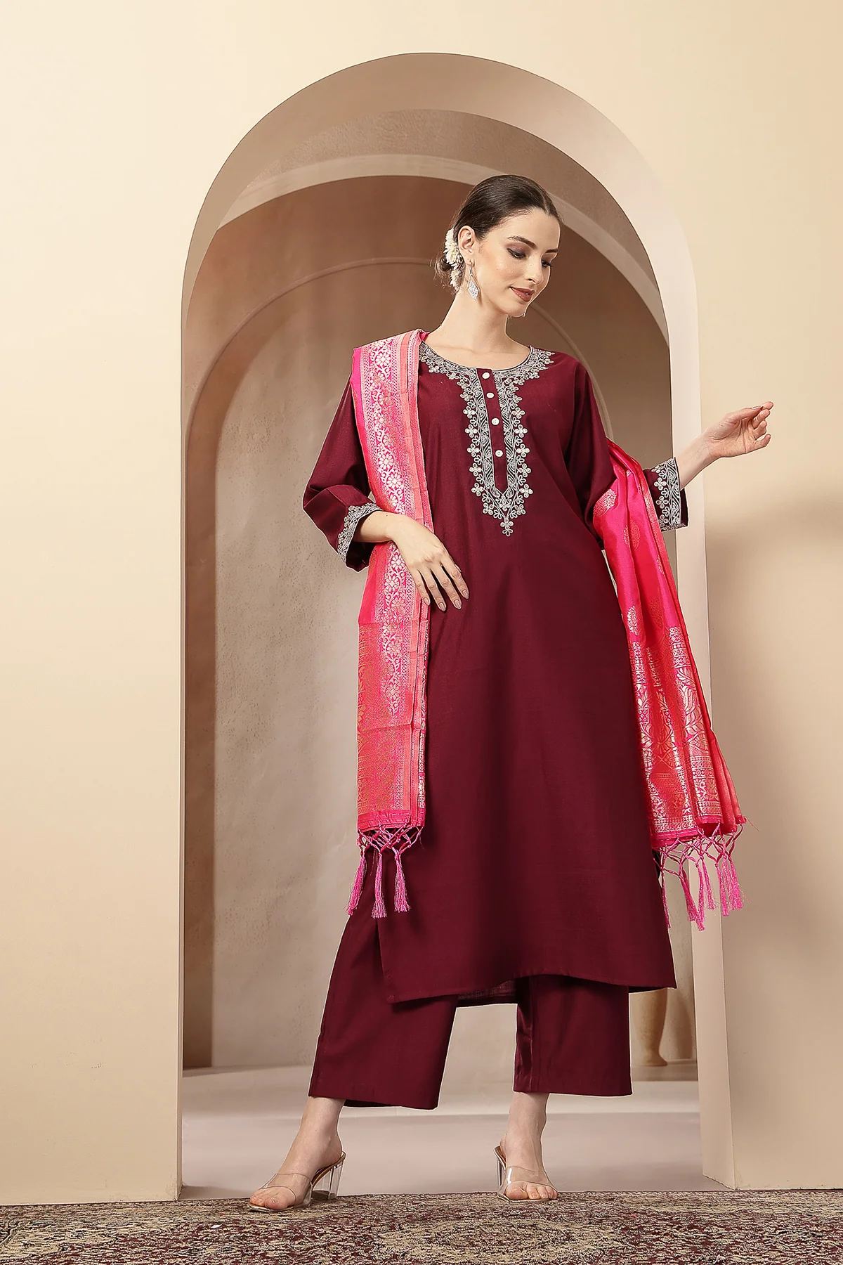 Maternity Zipless Feeding Suit Set with Dupatta - Deep Plum - Image 10