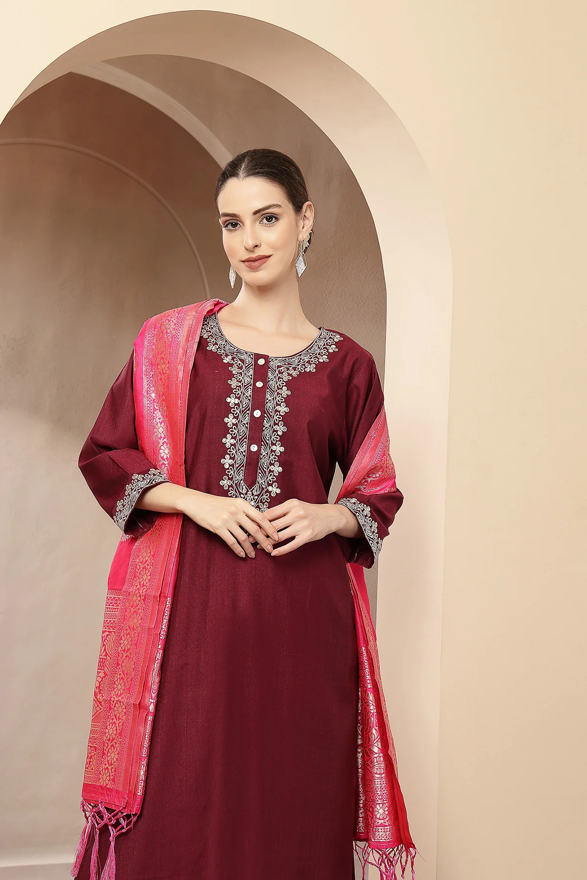Maternity Zipless Feeding Suit Set with Dupatta - Deep Plum - Image 11