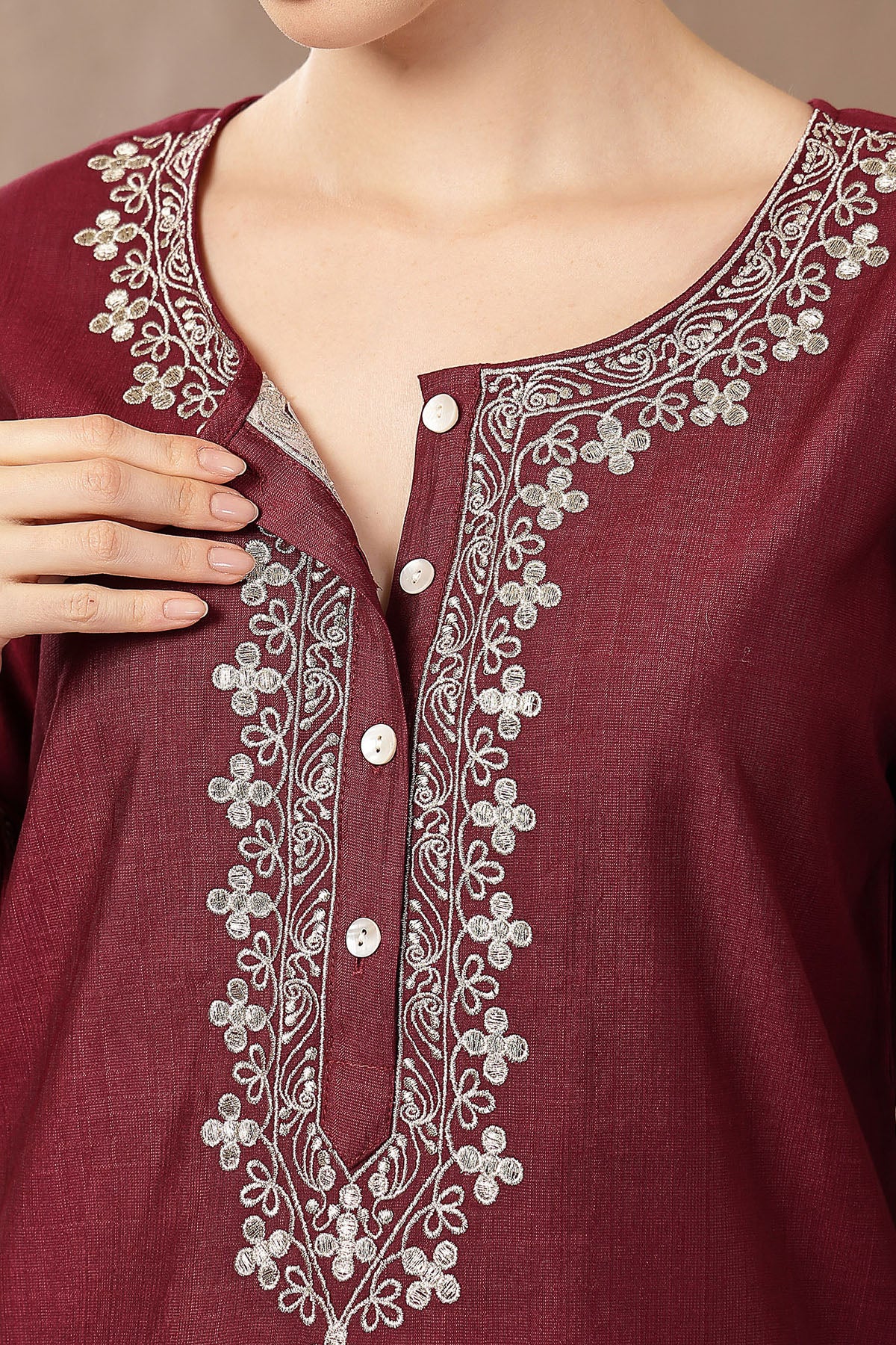 Maternity Zipless Feeding Suit Set with Dupatta - Deep Plum - Image 2