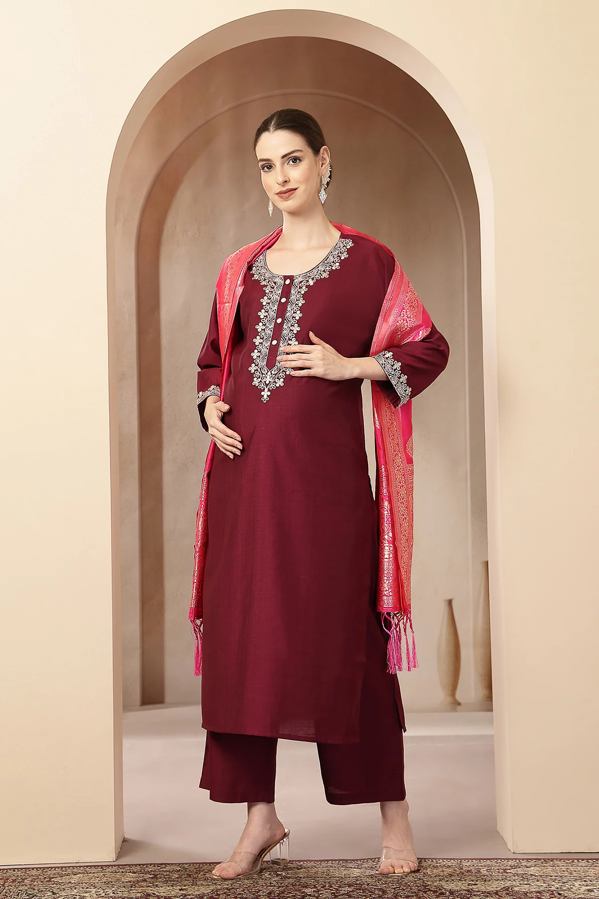 Maternity Zipless Feeding Suit Set with Dupatta - Deep Plum - Image 3