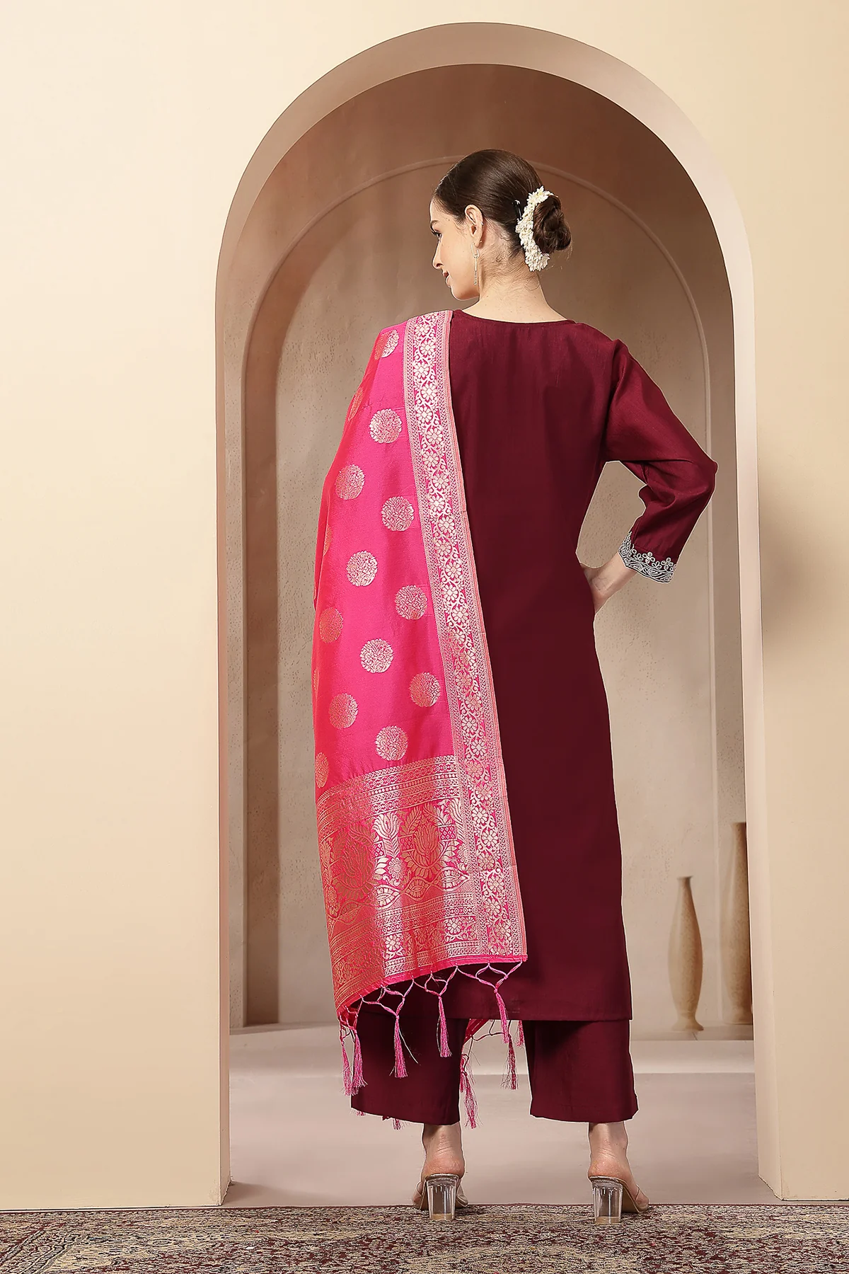 Maternity Zipless Feeding Suit Set with Dupatta - Deep Plum - Image 4