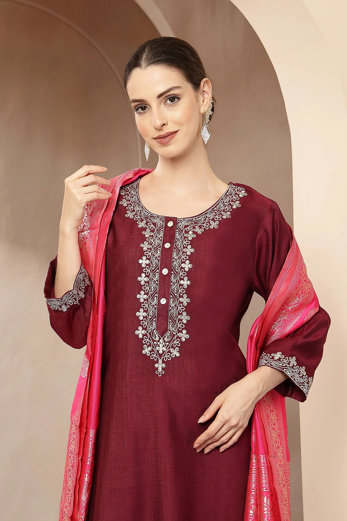 Maternity Zipless Feeding Suit Set with Dupatta - Deep Plum - Image 6
