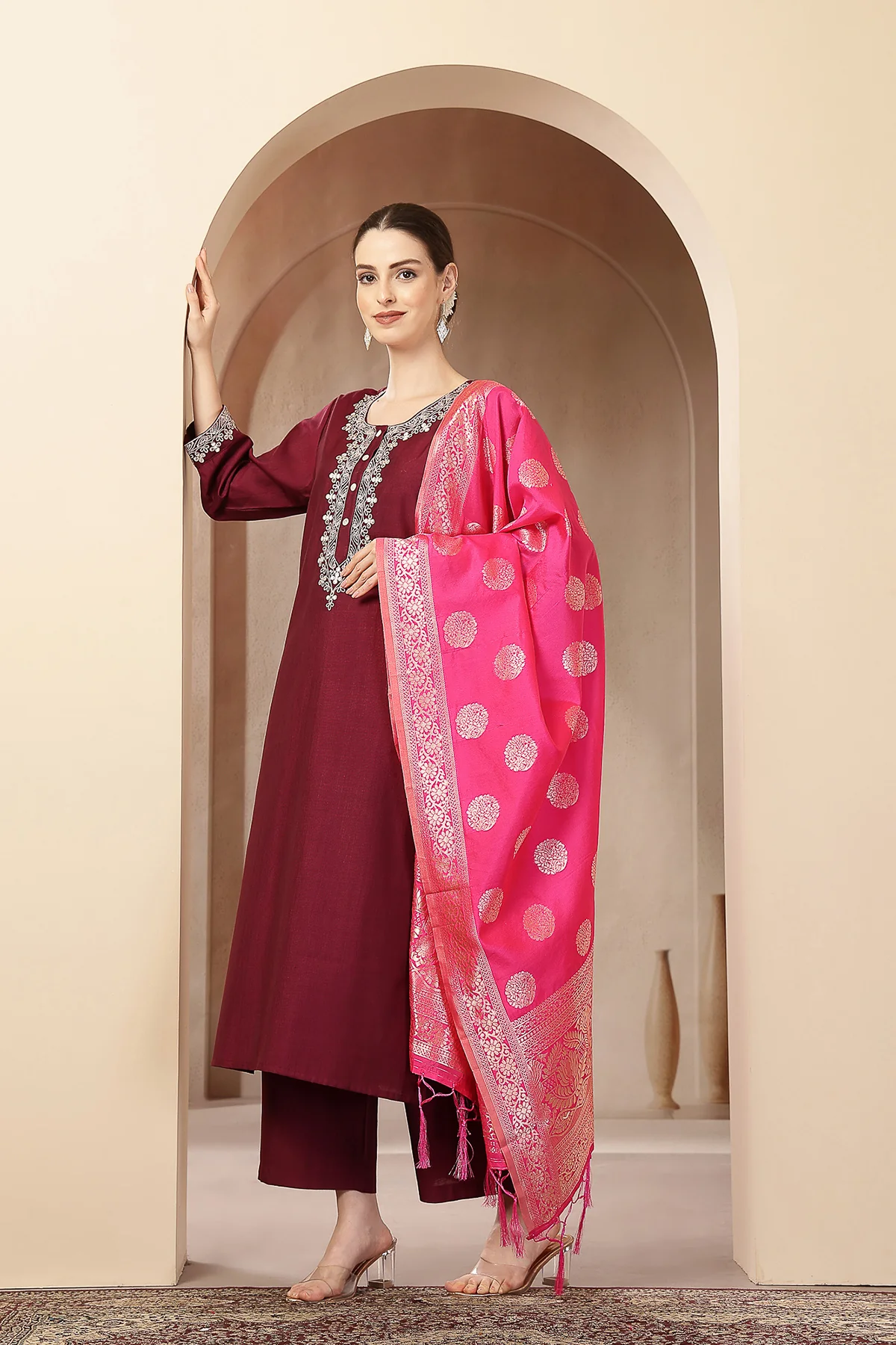 Maternity Zipless Feeding Suit Set with Dupatta - Deep Plum - Image 7