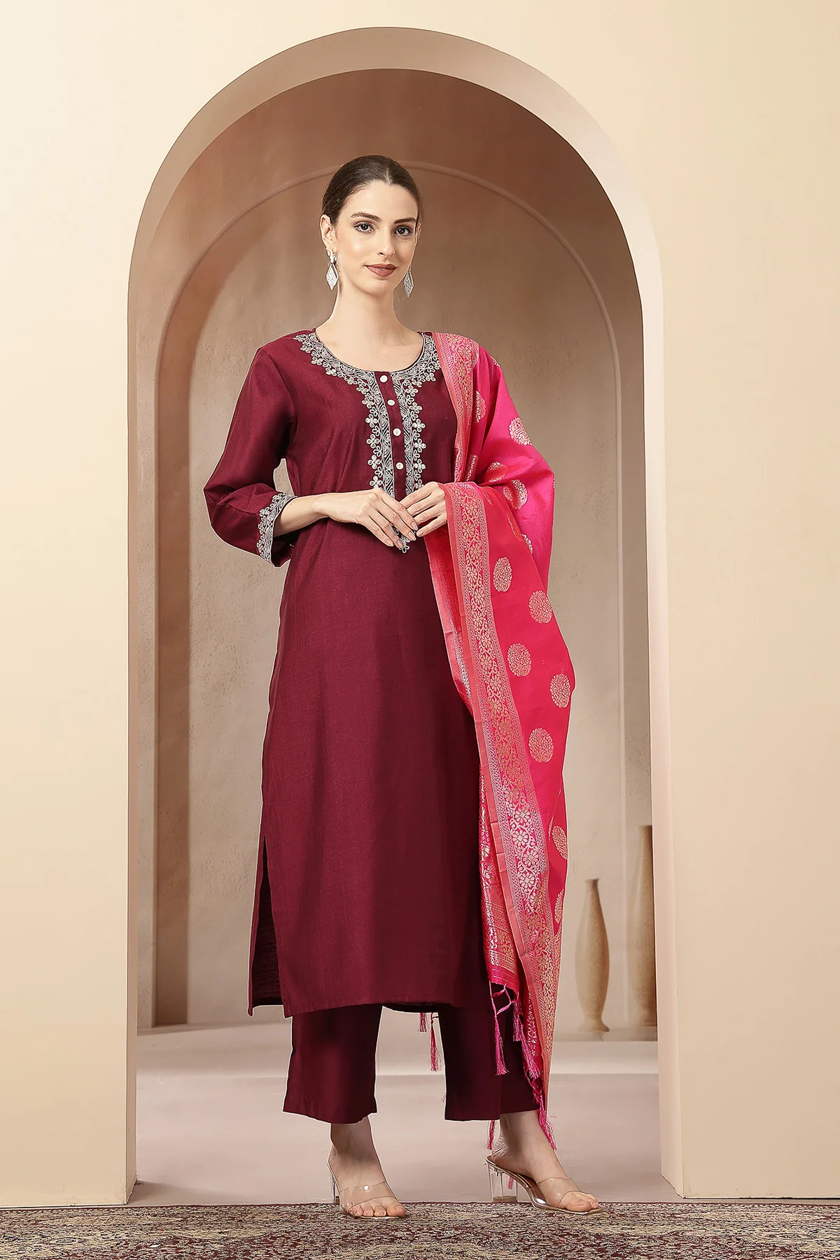 Maternity Zipless Feeding Suit Set with Dupatta - Deep Plum - Image 8