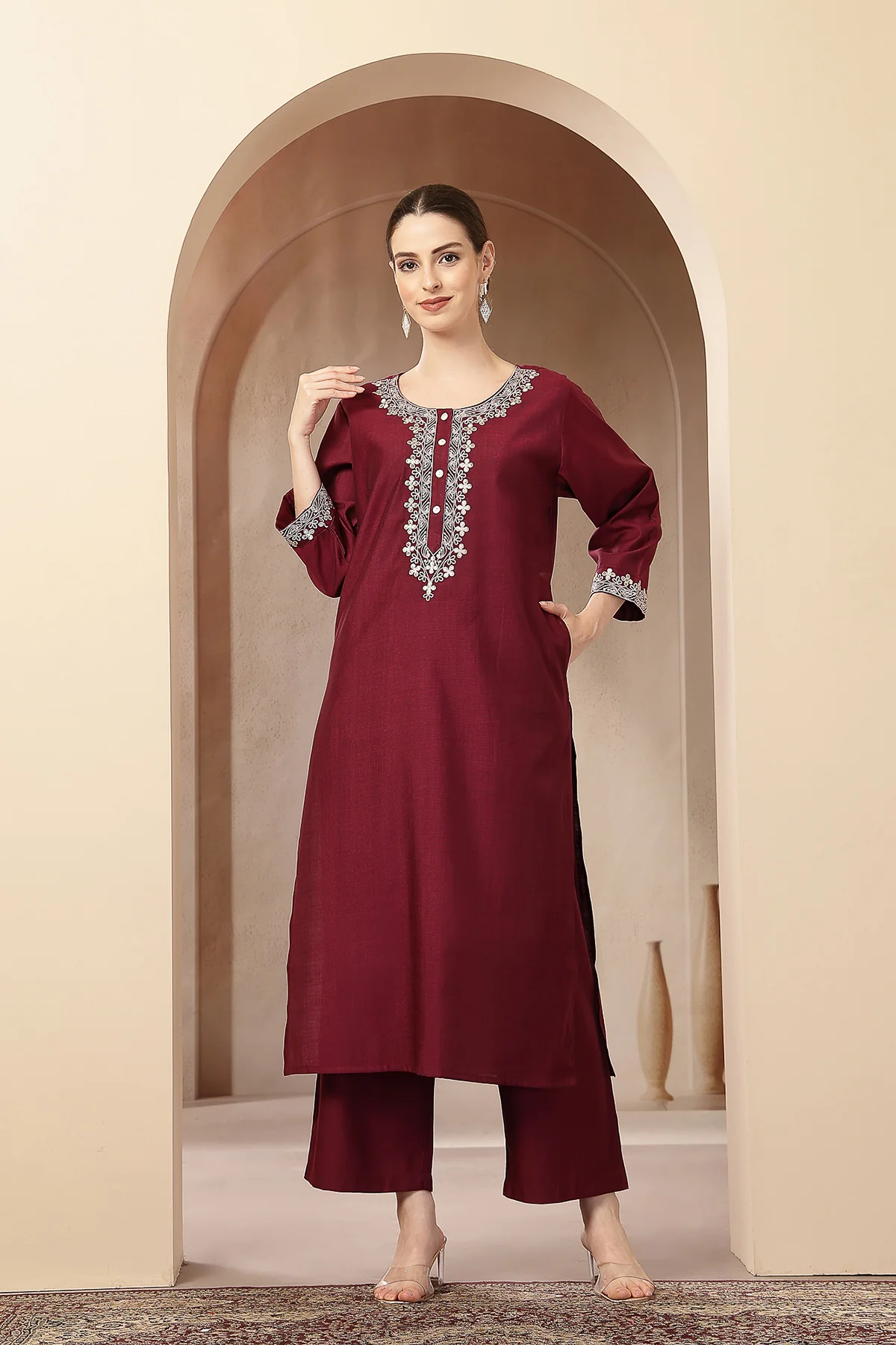 Maternity Zipless Feeding Suit Set with Dupatta - Deep Plum - Image 9