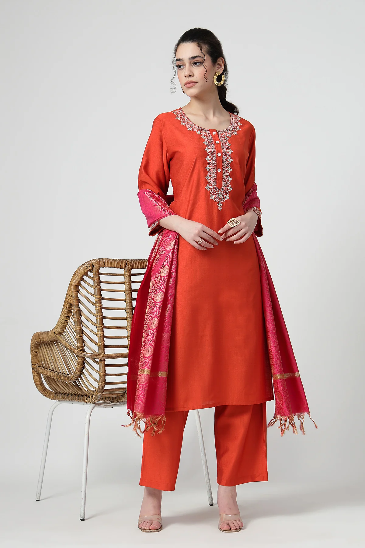 Maternity Zipless Feeding Suit Set with Dupatta - Orange - Image 12