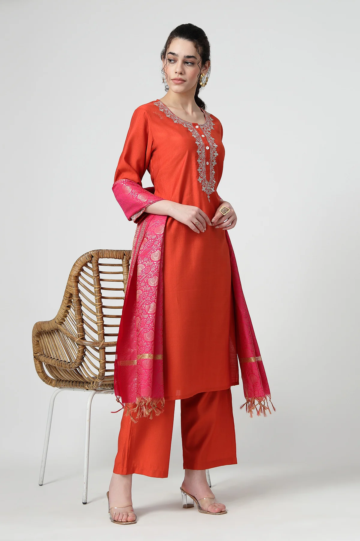 Maternity Zipless Feeding Suit Set with Dupatta - Orange - Image 13