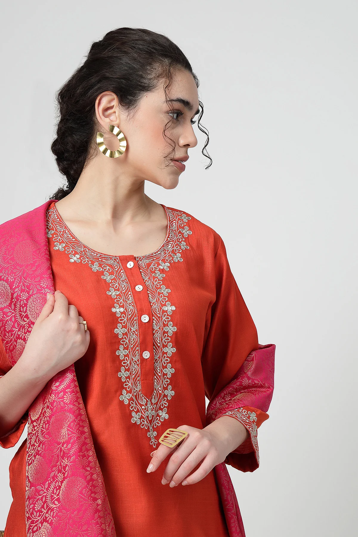 Maternity Zipless Feeding Suit Set with Dupatta - Orange - Image 14