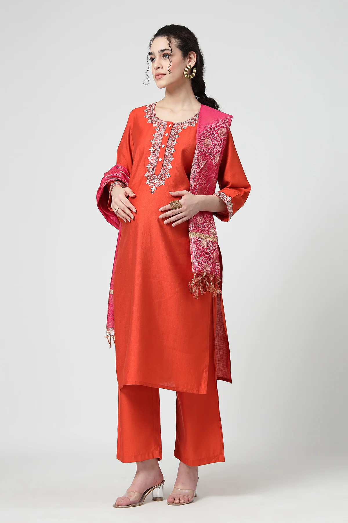 Maternity Zipless Feeding Suit Set with Dupatta - Orange - Image 4