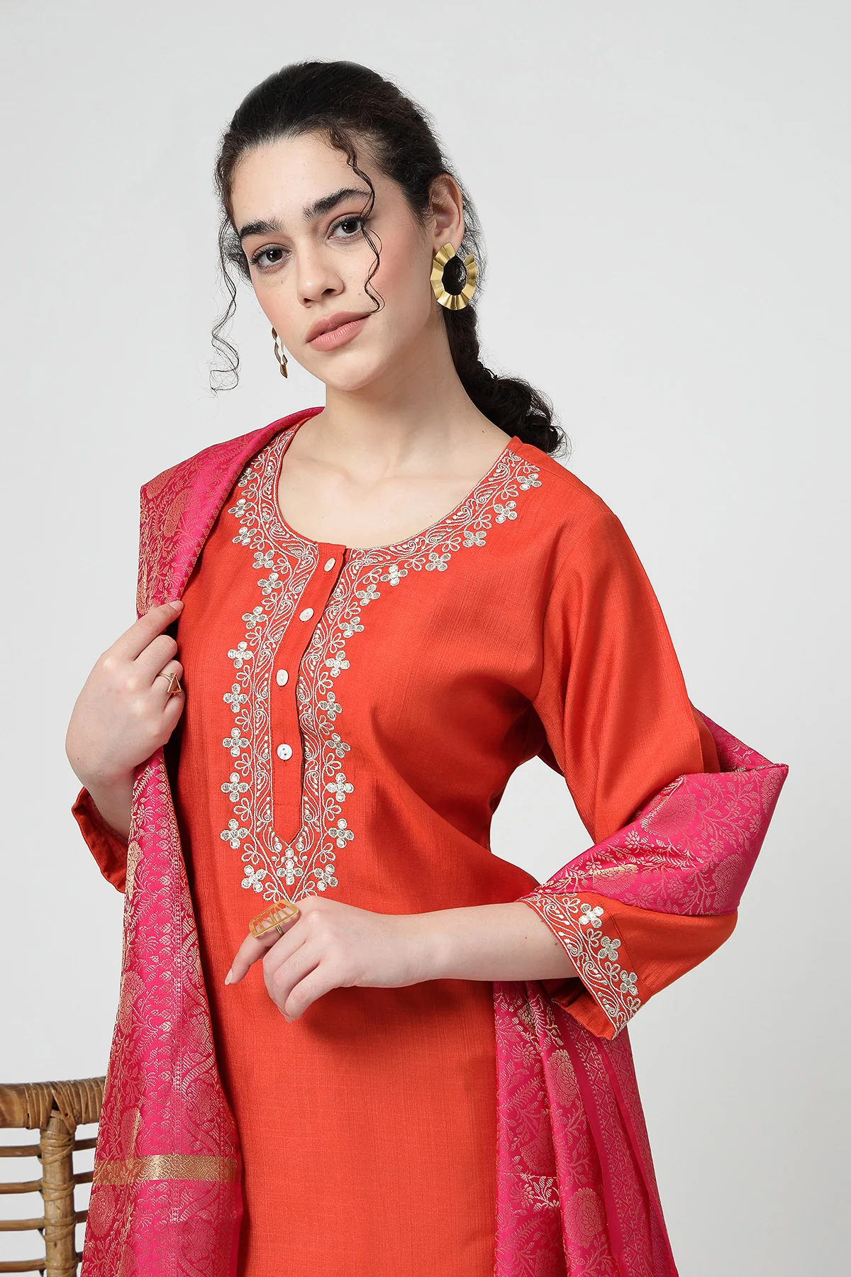 Maternity Zipless Feeding Suit Set with Dupatta - Orange - Image 7