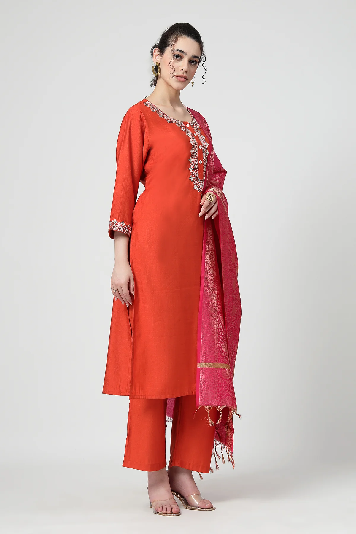 Maternity Zipless Feeding Suit Set with Dupatta - Orange - Image 8