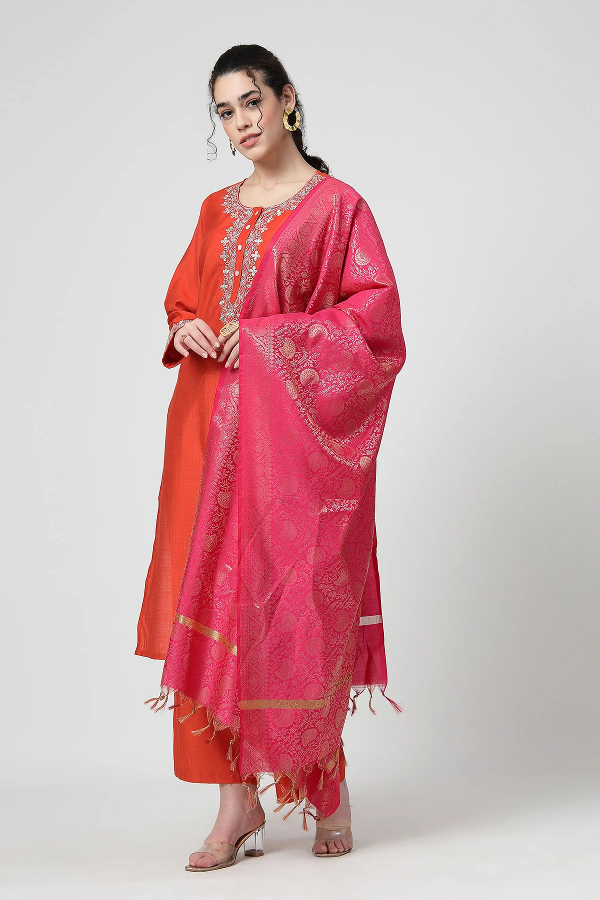 Maternity Zipless Feeding Suit Set with Dupatta - Orange - Image 9