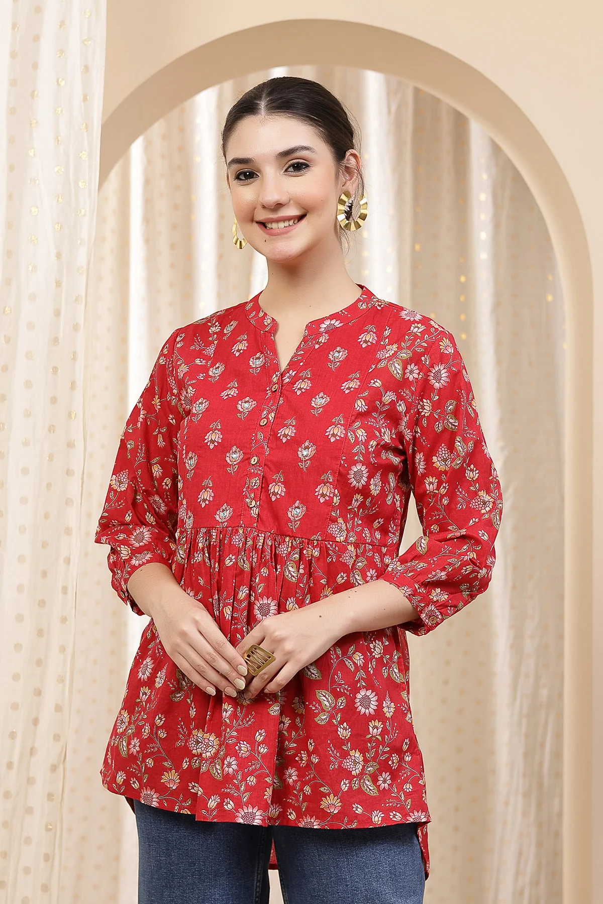 Maternity Zipless Feeding Peplum Top - Red Floral - Image 2